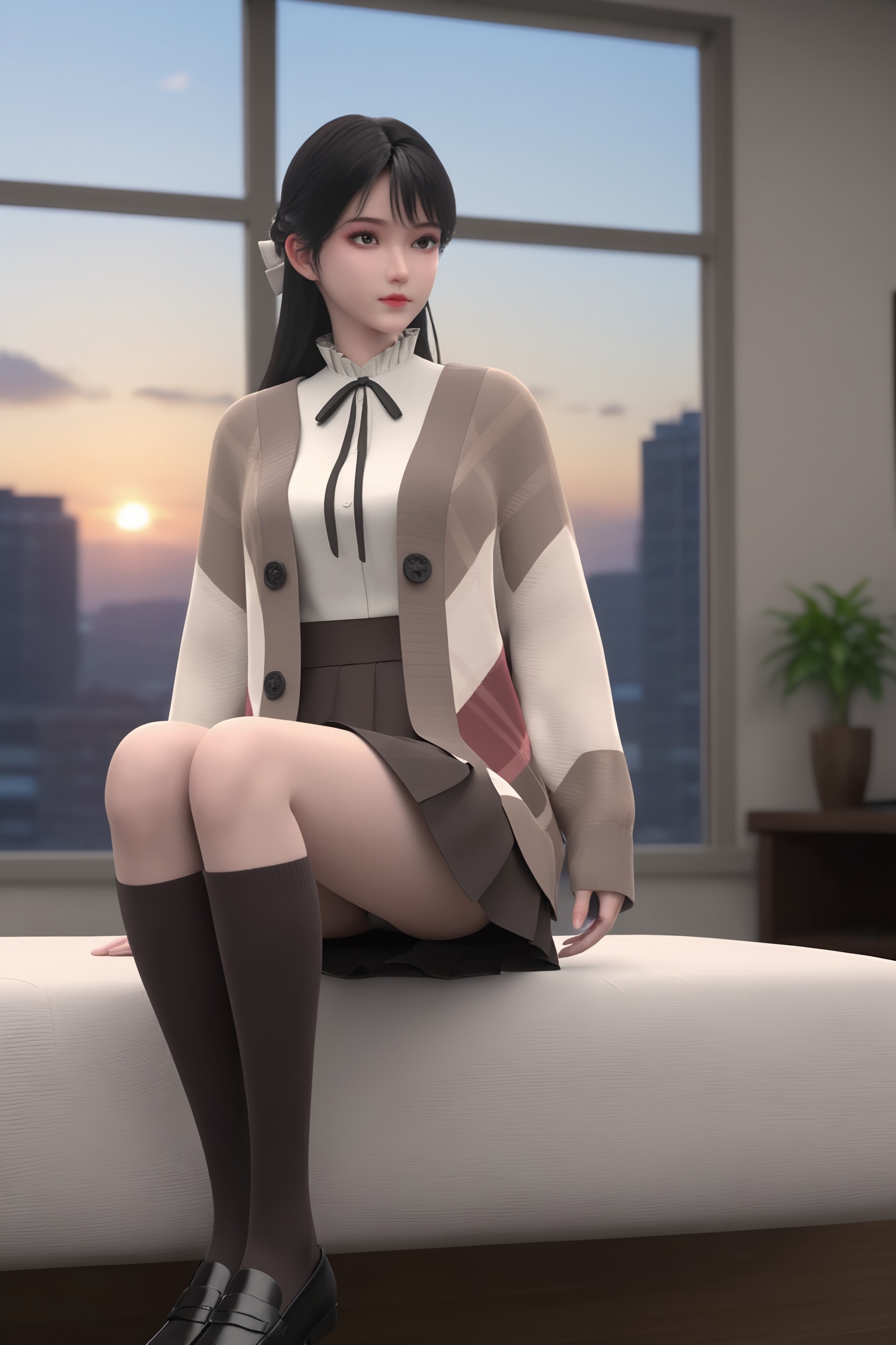 score_9_up,1girl,solo,sitting,window,frills,sky,cloud,indoors,cityscape,closed_mouth,sunset,looking at viewer,<lora:金蚕往事-小美:0.7>,1girl,long,straight black hair,bangs,white blouse with a high collar,small black ribbon tied,paired loose,knee-length geometric plaid pattern cardigan in shades of grey and beige,pleated brown skirt. knee-high black socks and black shoes.,