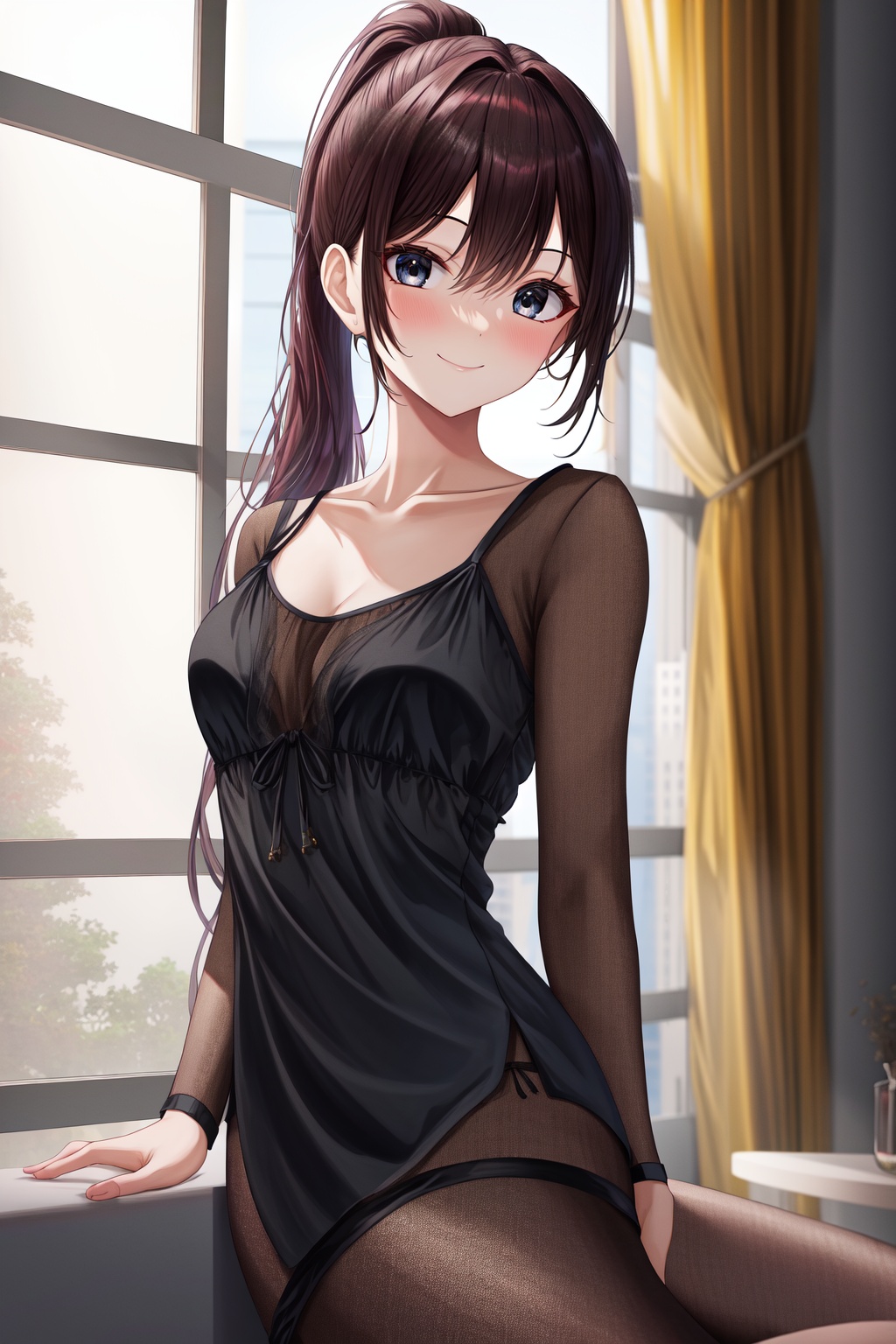 (((highres:1.2))),(((absurdres:1.3))),1girl,solo,smile,****,fair_skin,black eyes,high ponytail,long hair,medium breasts,(detailed light),medium_shot,front view,depth of field,looking_at_viewer,<lora:细节加强-墨即-V1:1>,loungewear,