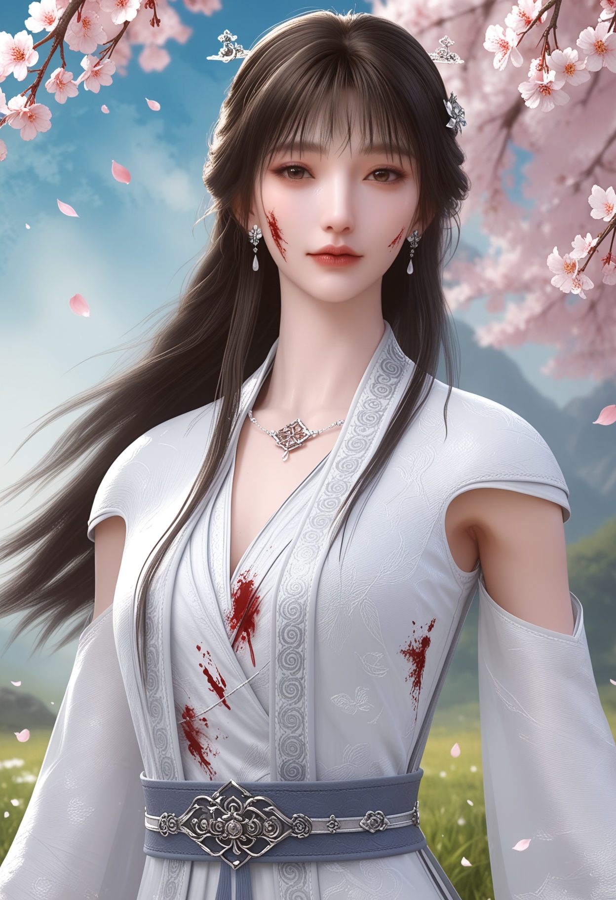 score_9,score_8_up,score_7_up,1girl,solo,realistic,(looking at viewer:1.1),portrait,1girl,solo,realistic,dress,hanfu,china dress,white robe,chinese clothes,white dress,(blood on clothes:1.2),wide sleeves,belt,clothing cutout,ribbon,flower,long sleeves,detached sleeves,armpit cutout,white footwear,1girl,solo,realistic,jewelry,hair ornament,hair flower,hair stick,necklace,earrings,sash,1girl,solo,realistic,(mature face:1.4),(big eye:0.7),(pale_skin:1.1),(shiny_skin:1.1),(slender face:1.2),blood on face,blood,blood from mouth,long hair,black hair,brown eyes,eyelashes,nose,lips,narrow_waist,slender_waist,closed mouth,realistic,grass,sitting,madotsuki,cherry blossoms,falling petals,petals,outdoors,tree,rock,water,<lora:小巳-神墓-雨馨:0.85>,