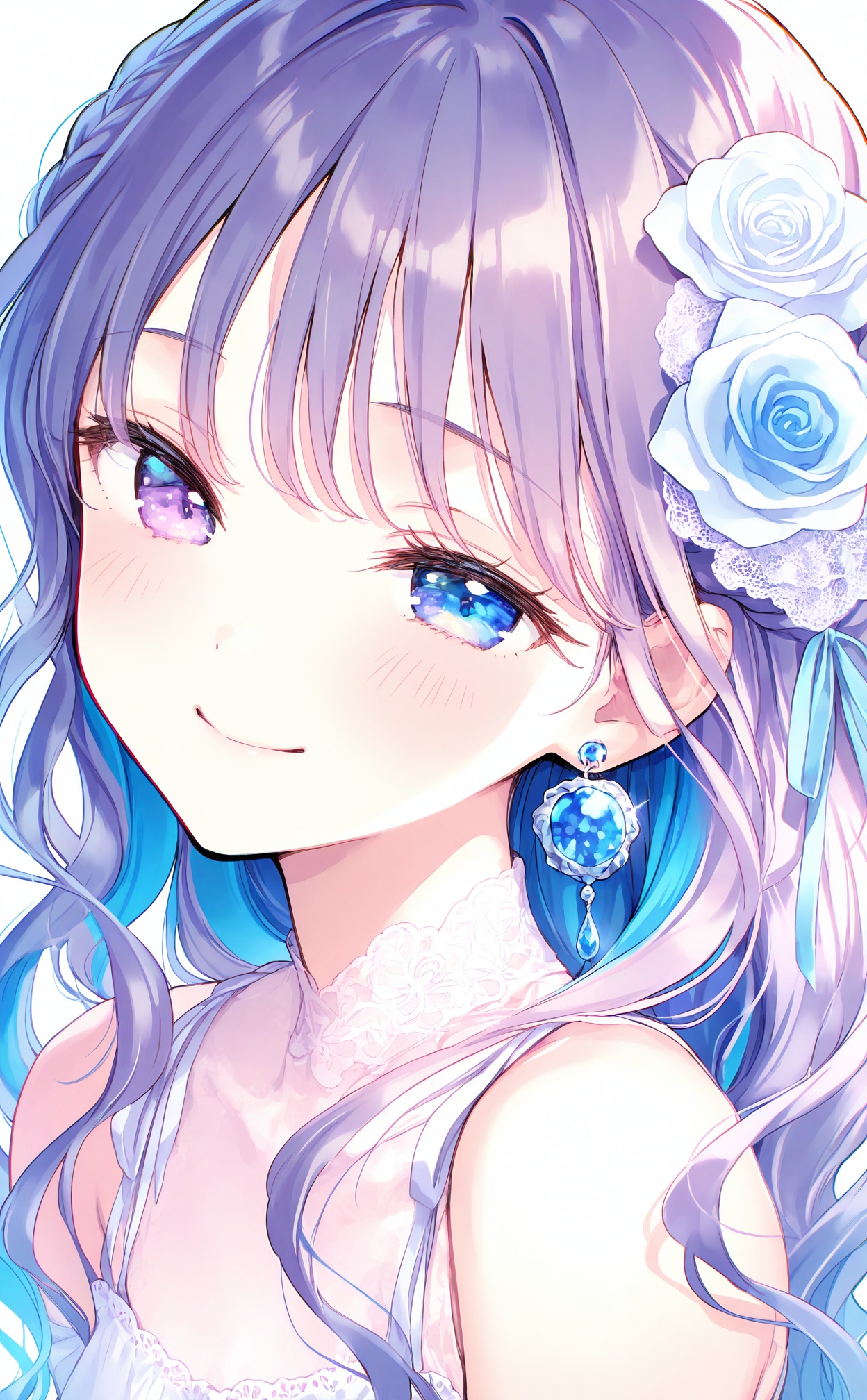 masterpiece,highres,absurdres,newest,best quality,high quality,chromatic_aberration,//,1girl,solo,flower,hair_ornament,hair_flower,jewelry,earrings,white_background,looking_at_viewer,purple_hair,long_hair,smile,simple_background,purple_eyes,dress,braid,white_dress,collarbone,multicolored_hair,rose,closed_mouth,blue_flower,head_tilt,white_flower,upper_body,wavy_hair,ribbon,lace_trim,colored_inner_hair,blue_eyes,blue_hair,white_rose,two-tone_hair,blush,heterochromia,hair_ribbon,lace,detached_sleeves,blue_rose,sleeveless,multicolored_eyes,sleeveless_dress,blue_ribbon,french_braid,portrait,//,//,<lora:chun_paretto——【noob】hans:0.8>,
