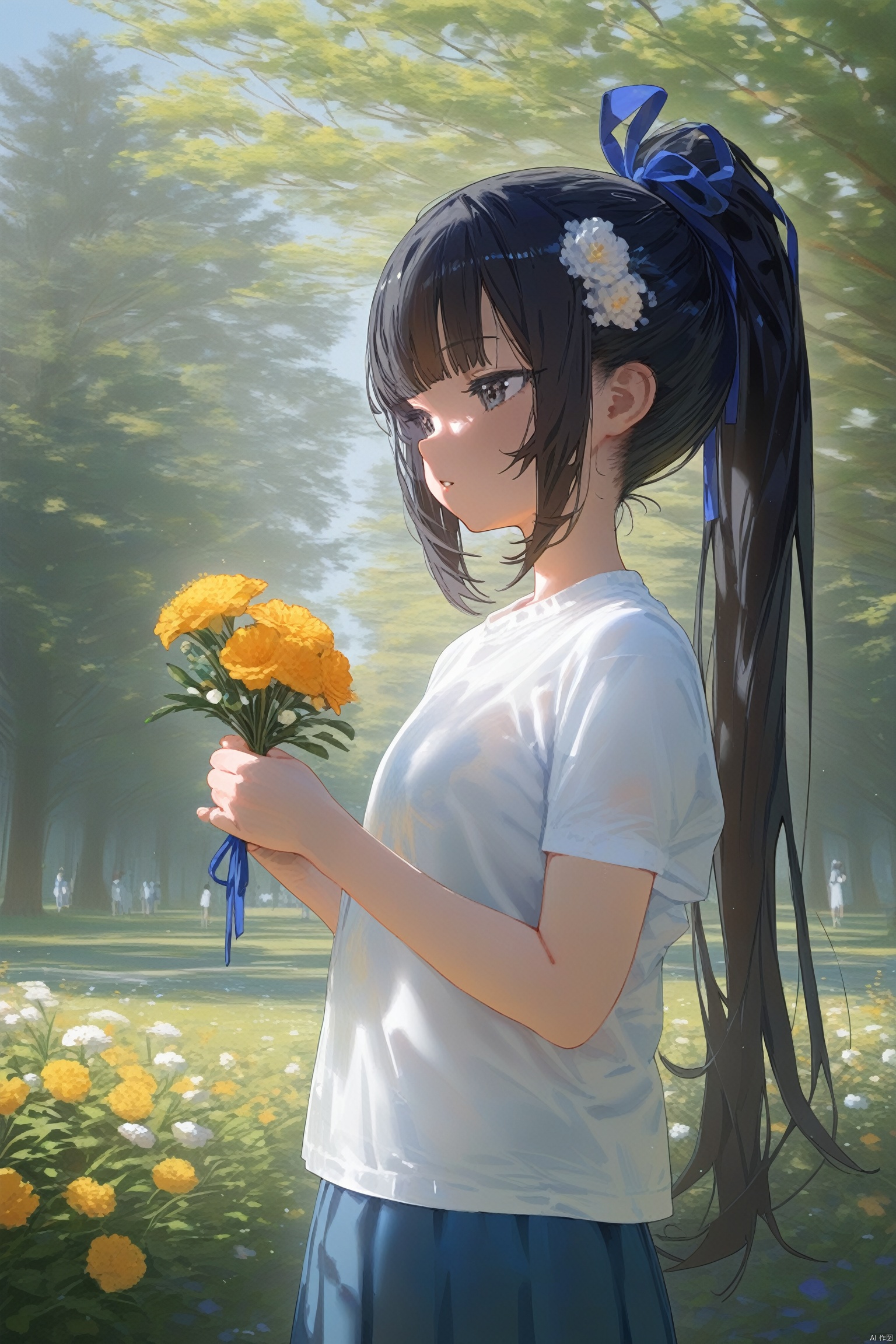 (masterpiece),(best quality),1girl, solo, flower, hair flower, hair ornament, long hair, outdoors, shirt, skirt, white shirt, holding, short sleeves, sunlight, bangs, black hair, blue ribbon, hair ribbon, parted lips, tree, ribbon, standing, ponytail