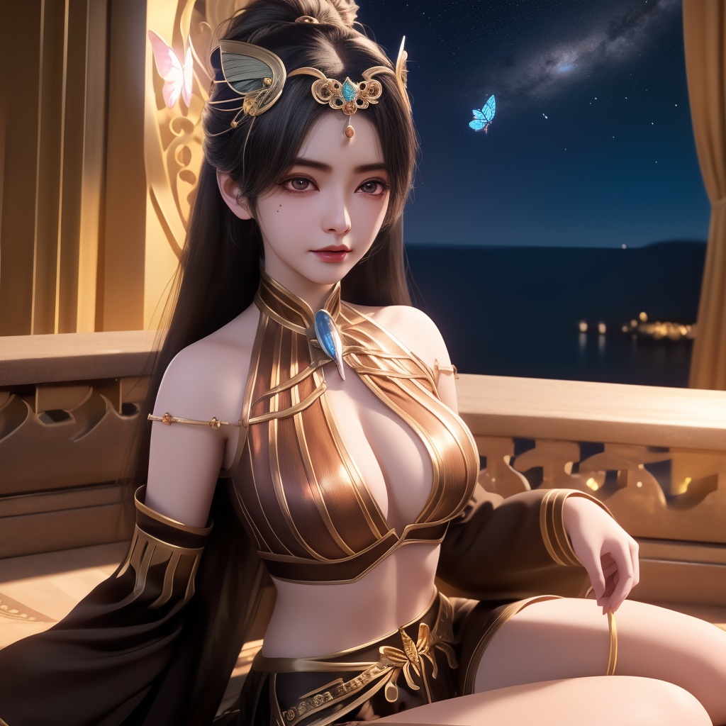 <lora:780-DA-神澜奇域-主持人:0.8>, (,1girl, ,best quality, ),looking at viewer,  ,ultra detailed background,ultra detailed background,ultra realistic 8k cg, ,masterpiece, (( , )),,  fiction,mole, , ,      ,, 1girl,butterfly sitting,  night, star_\(sky\)(cleavage),,