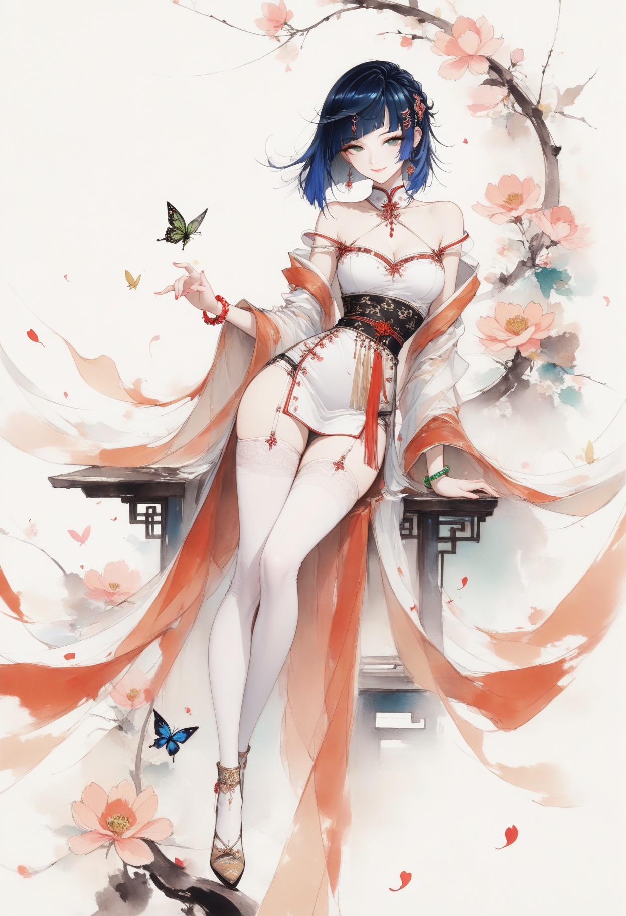 colorink,masterpiece,best quality,amazing quality,very aesthetic,sharp focus,high-end texture,(very awa,year 2024,newest,highres,absurdres),yelan_(genshin_impact), genshin_impact, 1girl, blue_hair, green_eyes,bob cut,diagonal bangs1girl,solo,long hair,narrow waist,long eyelashes,earring,smile,looking at viewer,lips,dress,seductive smile,parted lips,jewelry,hair clip,bracelet,hair ornament,flower,***,butterfly,falling petals,ace-trim,garter straps,thighhighs,full body,dynamic pose,(strap slip),off shoulder,long_sleeves,chinese_clothes,white hanfu,simple background,