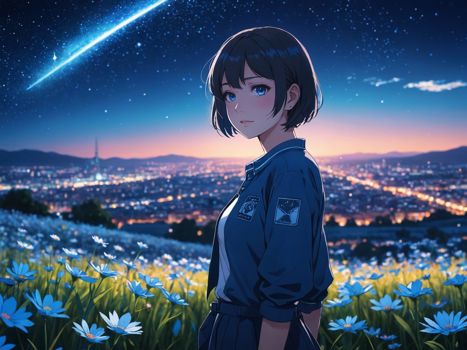 anime girl,  night,  blue light behind her on Tensor.Art