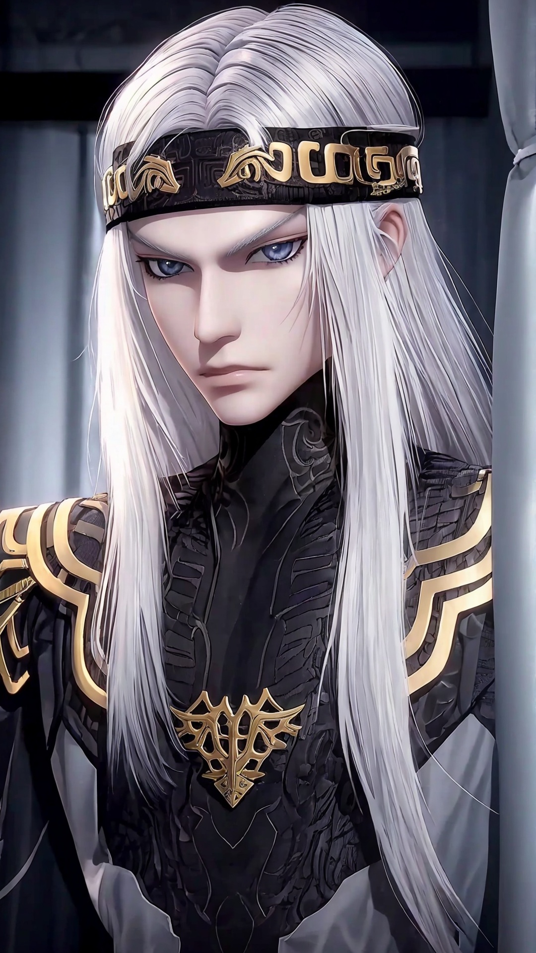 1boy,male focus,solo,headband,white hair,armor,long hair,looking at viewer,curtains,grey eyes,<lora:Weizhuang man Boy Handsome boy_20240829170049:0.8>,full_shot,incredibly absurdres,wallpaper,moody lighting,<lora:MN:0.4>,