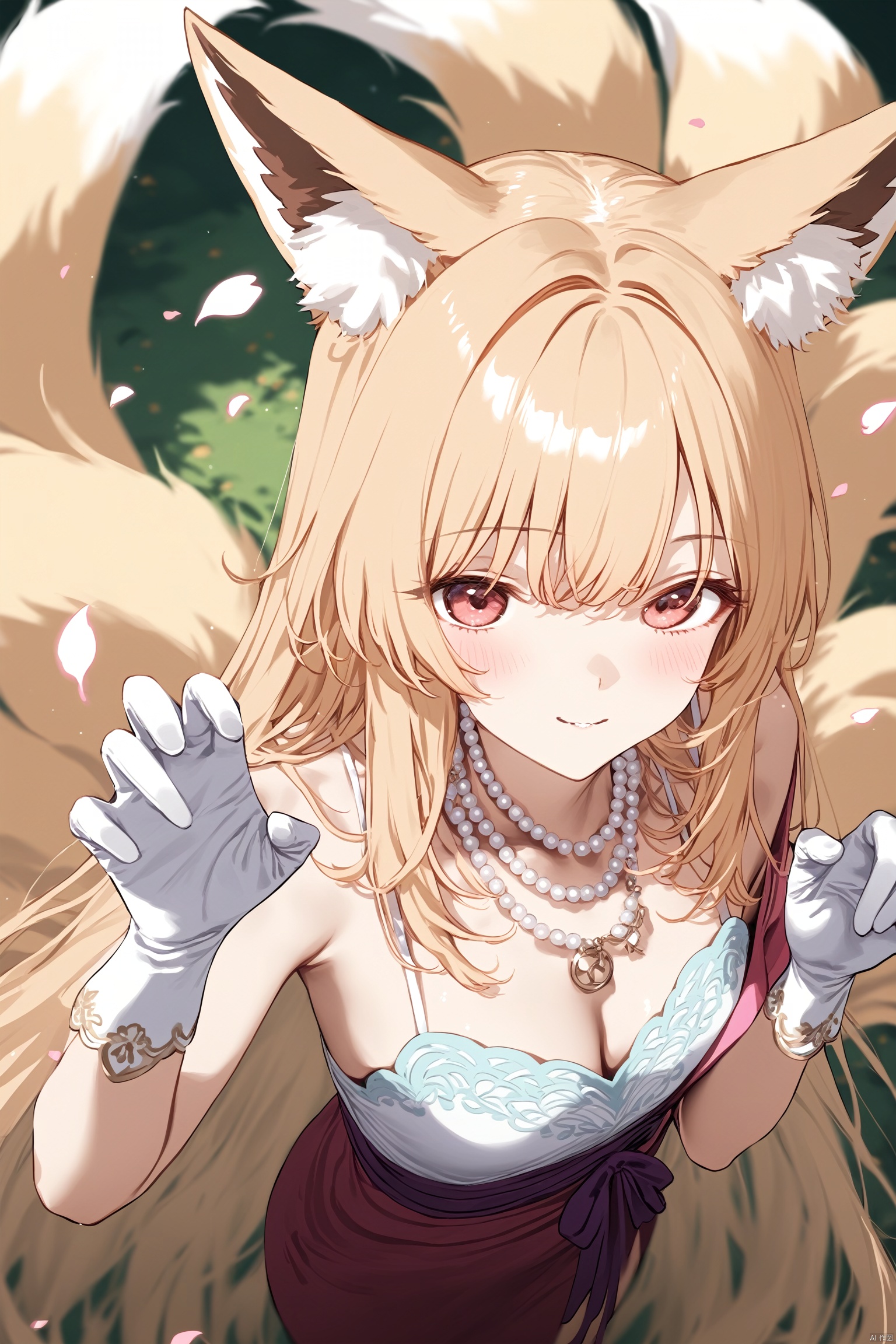 masterpiece,best quality,very aesthetic,absurdres,masterpiece,best quality,(pastel color:1.2),pop vibrant color,1 woman,),extra long hair,blonde hair,(nine-tailed fox:1.5),fox ears,Rhinestone embroidery,Shoulder Necklace,jewellery,Pearl Beaded body necklace,spiritual forest,elegant pose,flying petals,depth of field,(from above),white gloves,claw pose