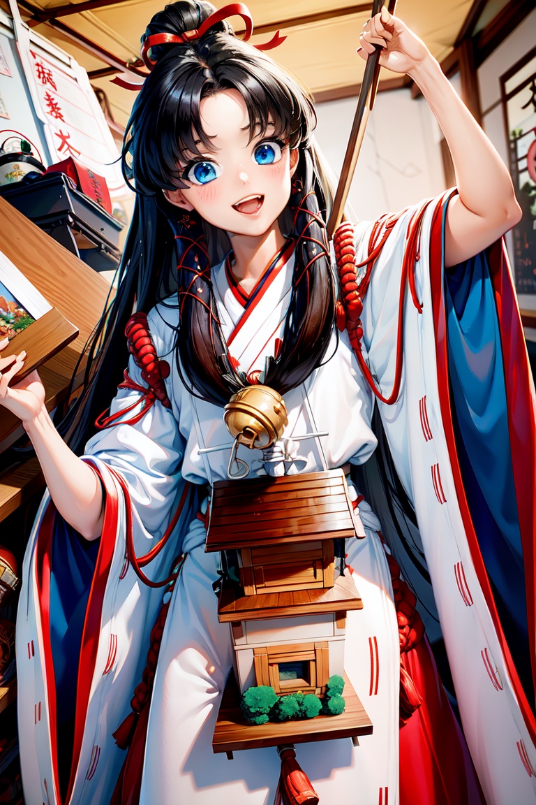 ((masterpiece)), (((best quality))), ((ultra-detailed)), (highly detailed), extremely detail description, ultra-fine painting, ((illustration)), professional, vivid colors, highres, sharp focus, cowboy shot, front view, straight-on, fcPortrait,qingxingdeng, 1girl, mature female, milf, slut, looking at viewer, smile, seductive smile, sexy pose, sexually suggestive, Black hair, long hair, blue eyes, Japanese dress, traditional dress, miko, white dress, red bottom, trousers, wide legs, wide sleeves, bell decoration, house hanging on the chest<lora:EMS-4468-EMS:0.500000>, <lora:EMS-337185-EMS:0.800000>, <lora:EMS-93-EMS:0.500000>