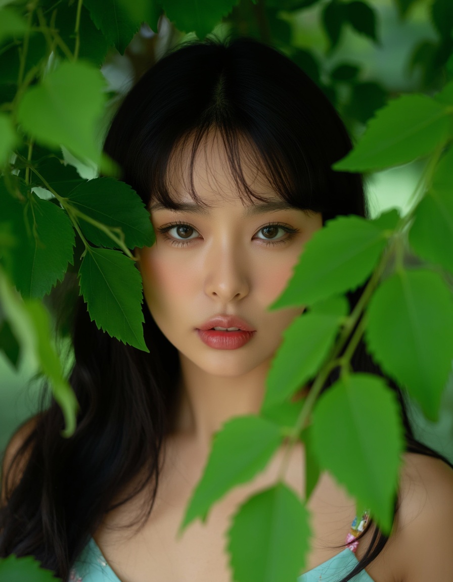 The image captures a young woman peering through dense green leaves,conveying a natural and slightly mysterious atmosphere. Her expression is serene yet intense,with her eyes directly engaging the viewer. The rich variety of greens in the leaves contrasts beautifully against her skin tone and the floral pattern on her dress,enhancing the organic feel of the scene. The use of shallow depth of field focuses the viewer's attention on her face,making it the most striking feature of the composition. The natural lighting and the overall composition create a feeling of intimacy and connection with nature.,