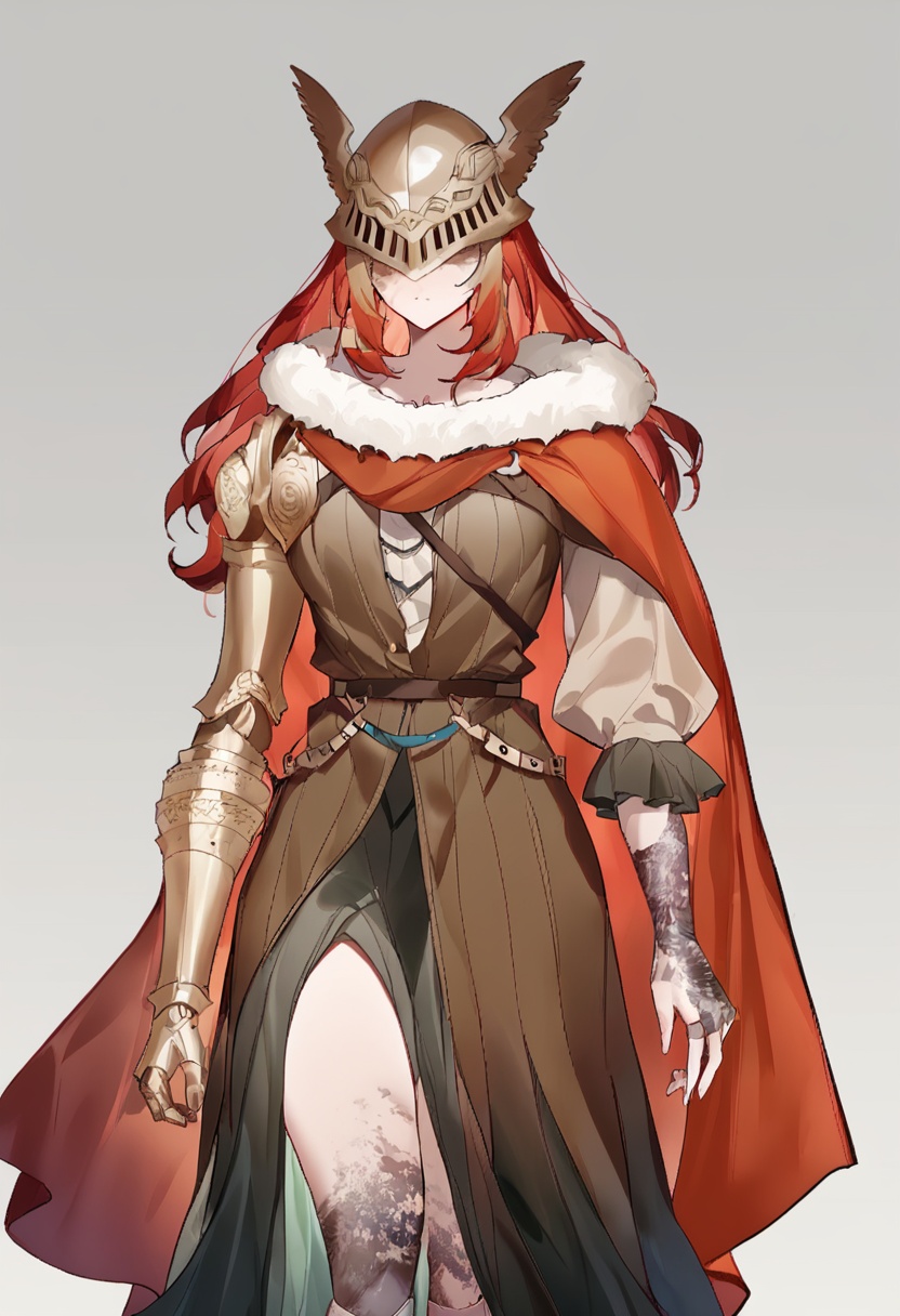 1girl,ask \(askzy\), torino aqua, migolu, (jiu ye sang:1.1), (rumoon:0.9), (mizumi zumi:1.1),malenia blade of miquella,fiery red hair,scar,single mechanical arm,golden winged helmet,white fur trim,red cape,brown dress,chainmail,leg armor,cowboy shot,grey background, masterpiece, best quality, newest, absurdres, safe<lora:nws_v1.2-000013:1>