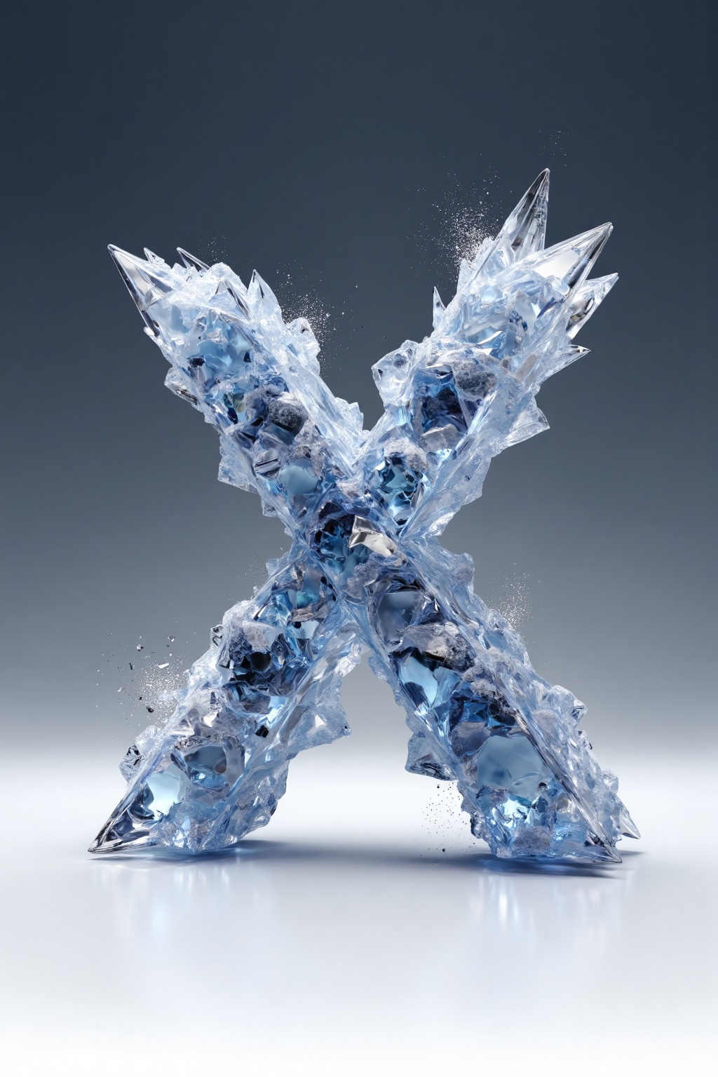 beijihui,3D icon design of letter 'X',**** of jagged ice shards with frosty surface textures,cold blue refractions,and sharp crystalline edges,hyperrealistic,hyperdetail,front view,studio lighting,100mm lens,white solid background,