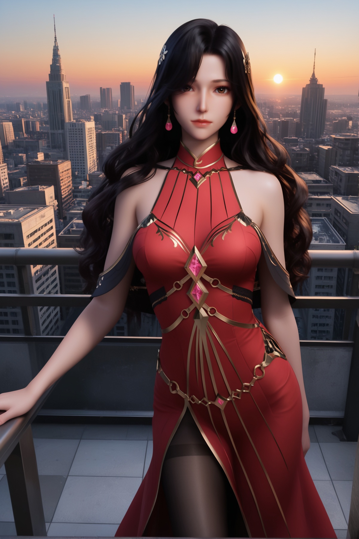 masterpiece,best quality,realistic,cinematic,detail eyes,(ultra-detailed),perfect composition,intricate details,absurdres,detailed face,high quality,high res,8K,<lora:X_yeweiyang_IL4.0:0.8>,black hair,brown eyes,1girl,long hair,breast,medium breast,hair_ornament,dress,black pantyhose,red dress,standing,city,skyline,looking_at_viewer,