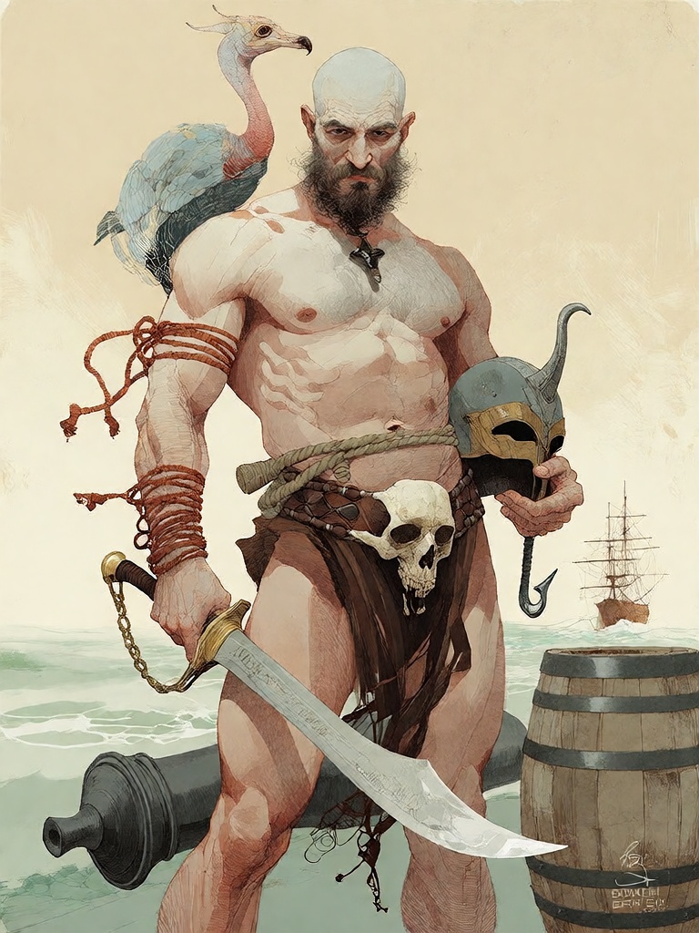 Bradhamel art style. A muscular,  bearded,  balding man with tribal tattoos on his chest and arms on Tensor.Art