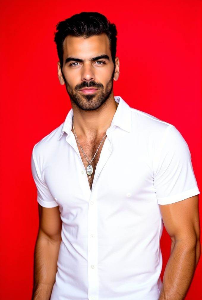 Nyle Dimarco ,  The image is a high-resolution photograph,  standing against a solid red background. wavy hair styled to t...