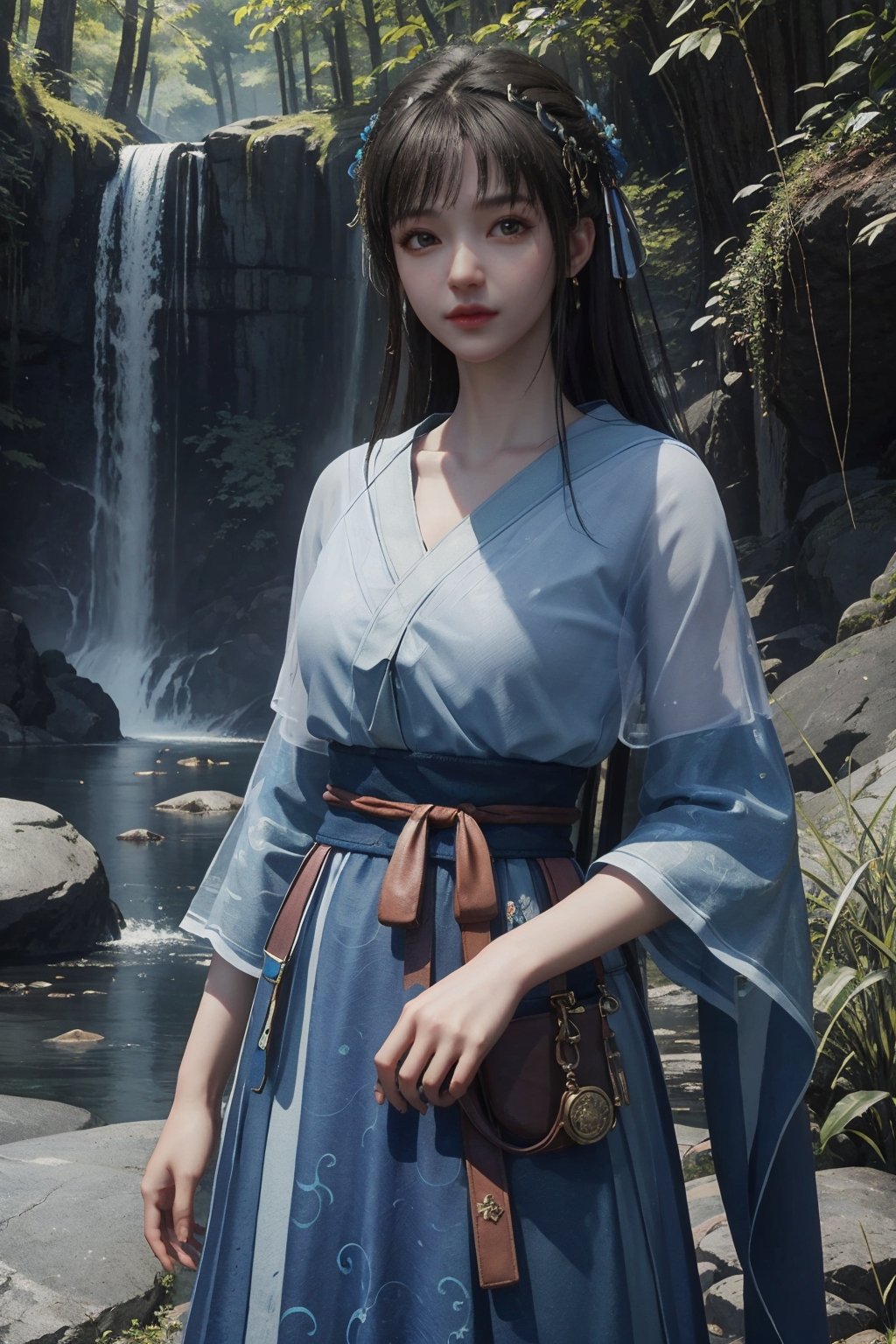 1girl,looking at viewer,cowboy shot,light rays,sunlight,waterfall,<lora:白茉晴:0.55>,, masterpiece,best quality,official art,extremely detailed CG unity 8k wallpaper,