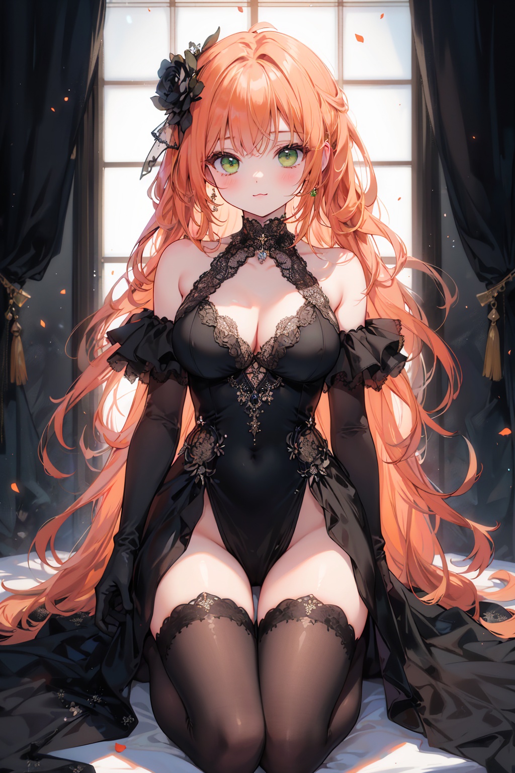masterpiece,best quality,cowboy shot,looking at viewer,1girl,solo,orange hair,green eyes,:3,large breasts,collarbone,black evening gown,elbow gloves,black gloves,black thighhighs,kneeling
