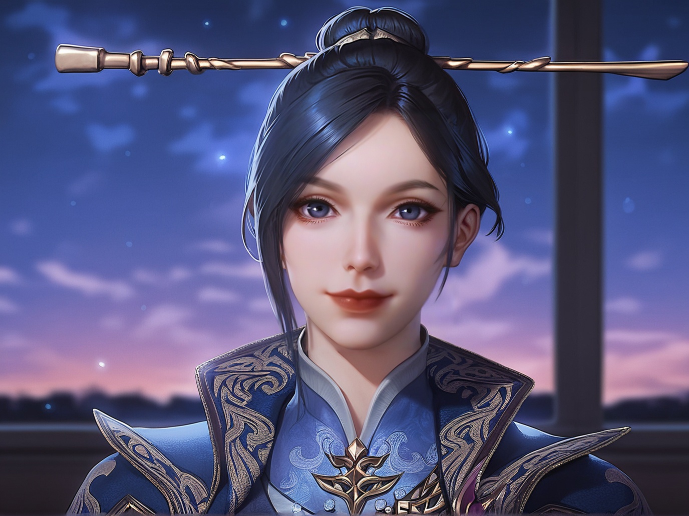zPDXL3,zPDXLrl,score_9,score_8_up,score_7_up,source_realistic,rating_safe,((realistic:1.5)),<lora:zhouyi-000008:0.8>,zhouyi,1girl,solo,closed mouth,light smile,single hair bun,(hair stick),jewelry,high collar,chinese clothes,jacket on shoulders,cape,looking at viewer,portrait,indoors,classroom,landscape,window,night sky,star \(sky\),cloud,glowing,depth of field,blurry background,