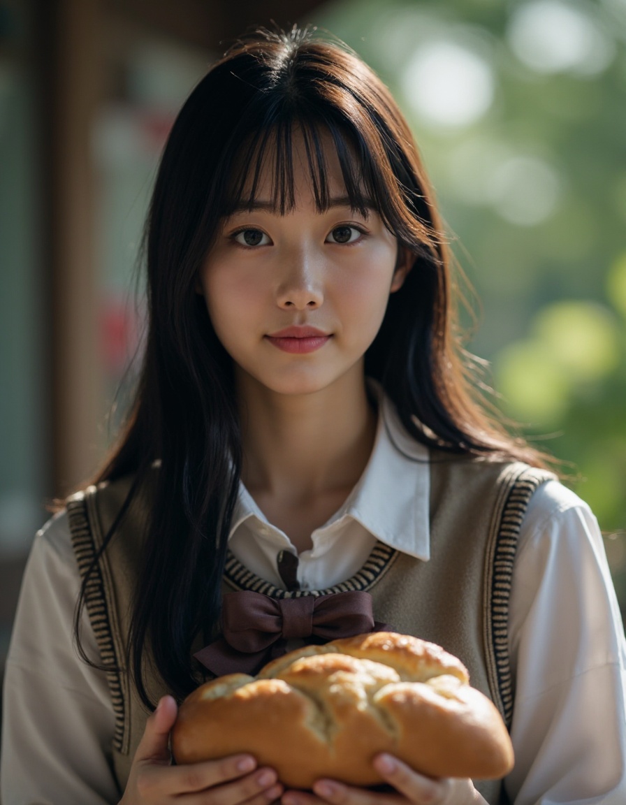 HDR photo of cinematic film still 1girl,solo,food,realistic,vest,looking at viewer,holding,shirt,long hair,bangs,white shirt,upper body,short sleeves,black hair,lips,school uniform,bread,holding food,bow,brown hair,striped,depth of field,black eyes,outdoors, . shallow depth of field, vignette, highly detailed, high budget, bokeh, cinemascope, moody, epic, gorgeous, film grain, grainy . High dynamic range, vivid, rich details, clear shadows and highlights, realistic, intense, enhanced contrast, highly detailed