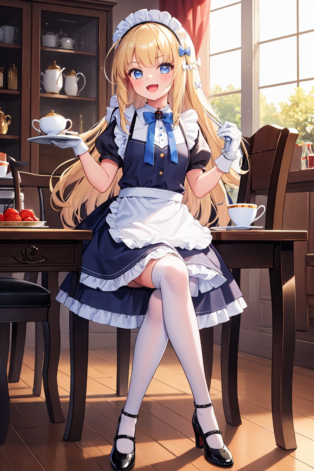 masterpiece,best quality, highly detailed, 1girl,blue dress,looking at viewer,maid,maid apron,maid headdress,official alternate costume,queen elizabeth (azur lane),solo,white apron,white gloves,holding cup,open mouth,sitting,teacup,bow,crossed legs,full body,high heels,white thighhighs,ankle strap,black footwear,chair,frilled apron,short sleeves,skin fang,holding book,open book,shoes,smile,table,<lora:queen_elizabeth_(azur_lane):1>