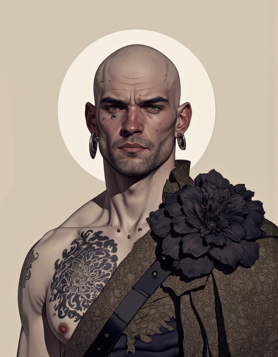 By Phandigrams. A highly detailed,  realistic digital illustration of a muscular,  bald man with tattoos covering his ches...