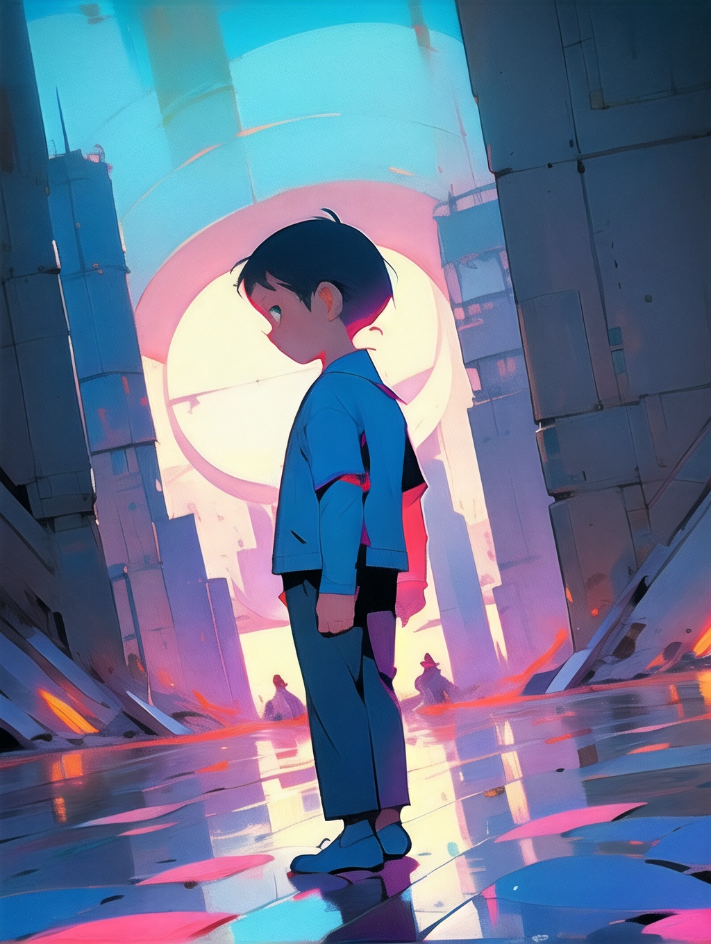 a boy stands in the middle of a city with a bright sunset behind him Acrylic 