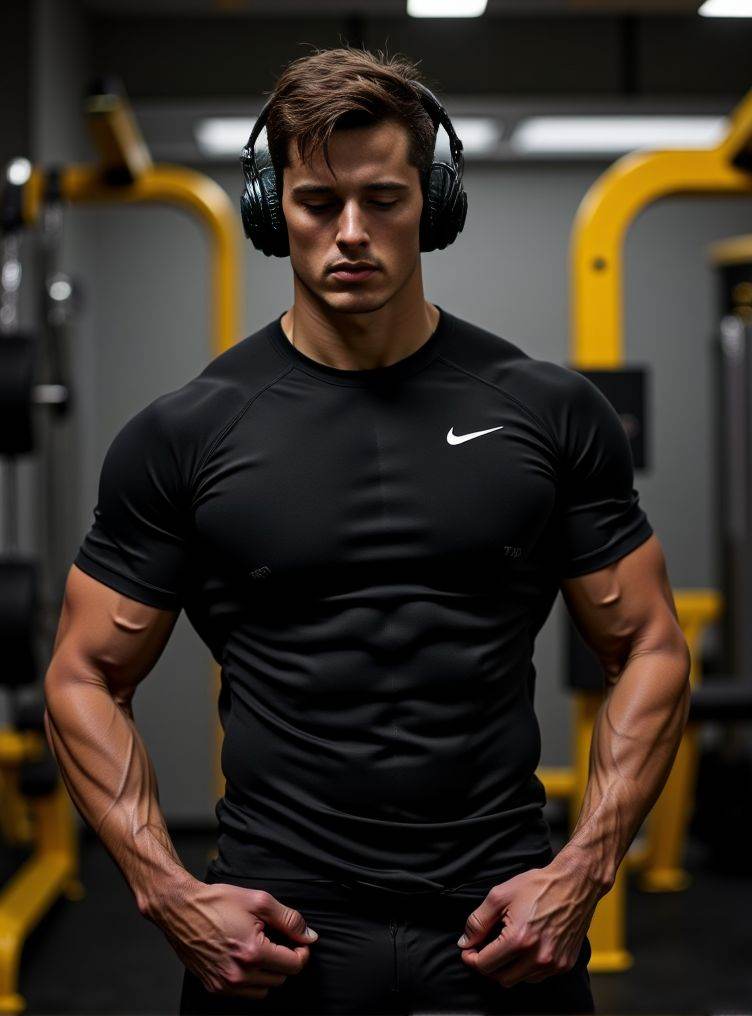 A detailed low-angle image. in exceptional quality. He is in a gym with a predominance of black and a little yellow colors...