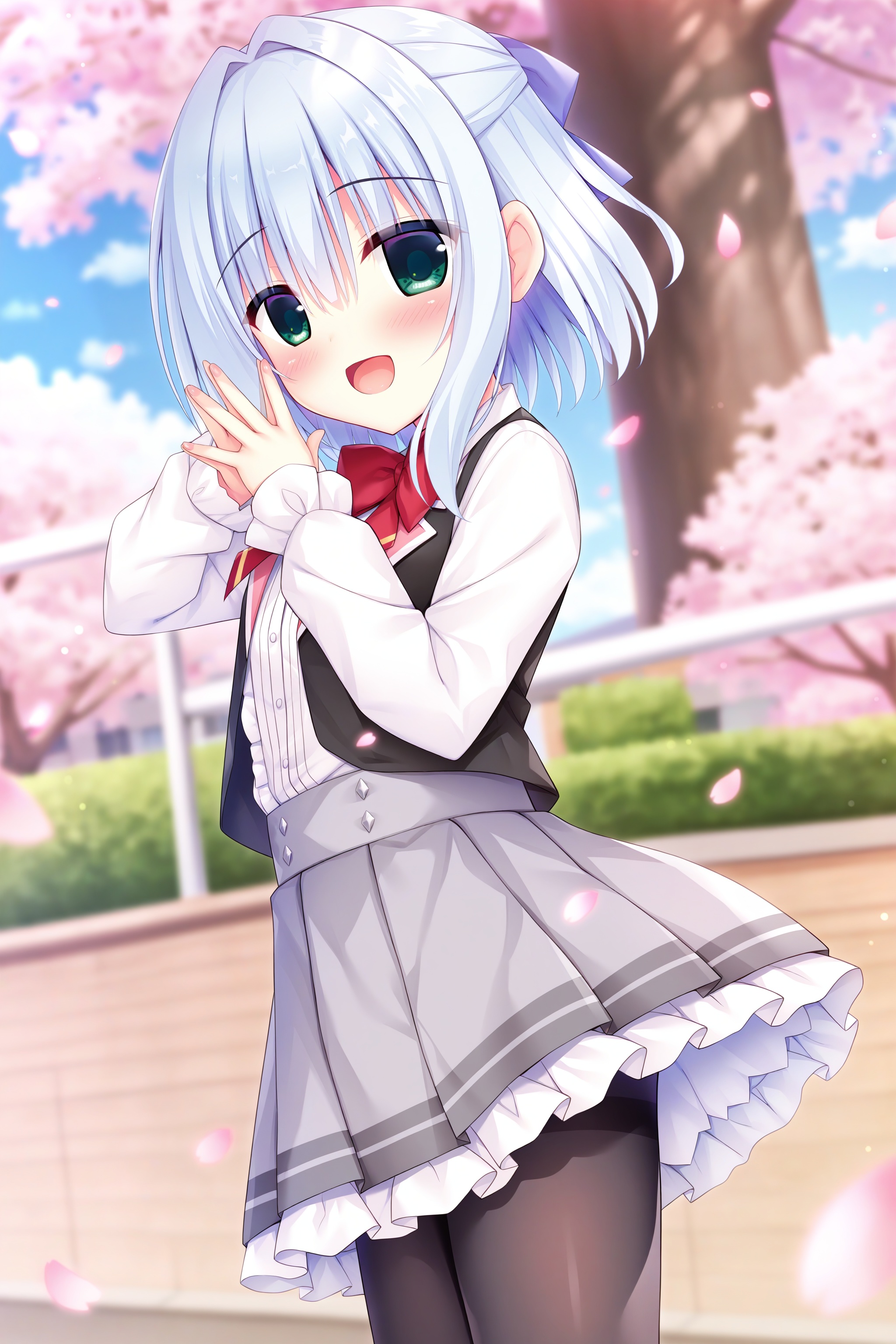 quality,amazing quality,very aesthetic,absurdres,1girl,asu \(vtb\),solo,skirt,blue hair,pantyhose,cherry blossoms,open mouth,blush,smile,bow,outdoors,grey skirt,frills,looking at viewer,long sleeves,red bow,pleated skirt,:d,bowtie,black pantyhose,bangs,shirt,day,white shirt,red bowtie,hair intakes,green eyes,petals,school uniform,hair between eyes,ribbon,vest,blurry,short hair