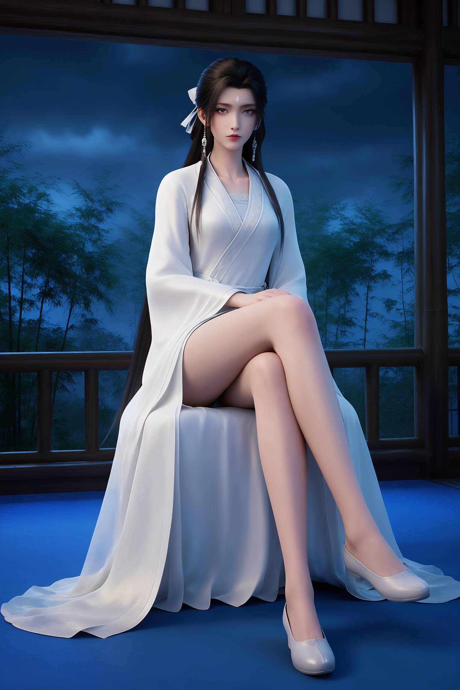 <lora:诛仙3-陆雪琪睡袍Pony:0.8>,1girl,long,straight black hair,flowing,white traditional Chinese robe,white sash,long sleeves,two long braids,white traditional Chinese shoes.,sitting, crossed legs, bare legs,looking at viewer, full body