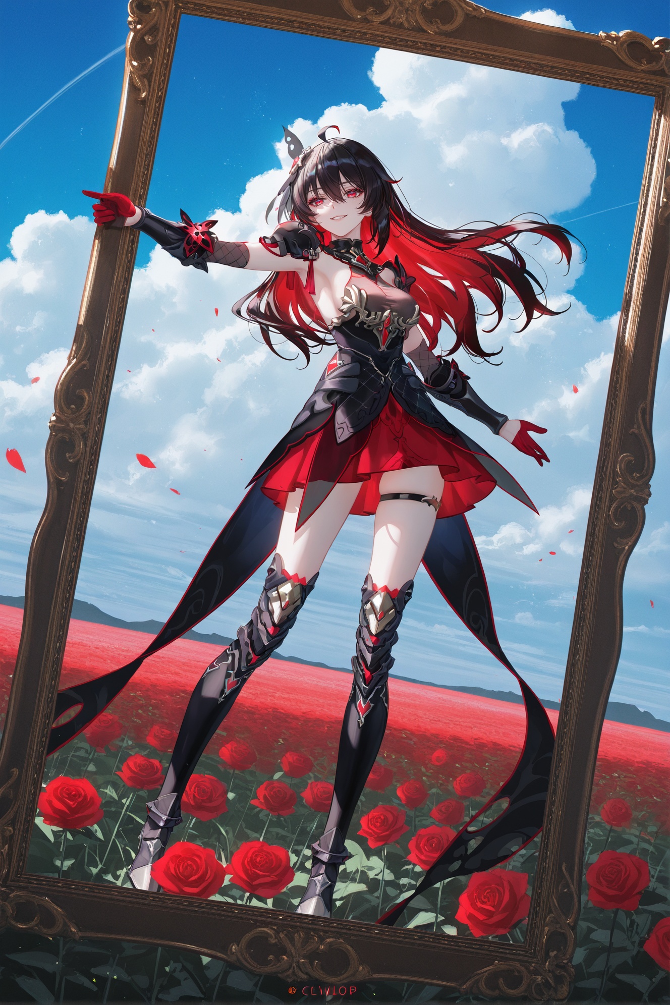 8k,best quality,masterpiece,(ultra-detailed),(high detailed skin),border,oil painting border,photo frame,frame,a carefully framed painting,((artist:reoen),(artist:fuzichoco),(artist:atdan),year 2024:0.8)1girl,[artist:wlop],[artist:ningen_mame],artist:ciloranko,[[artist:rhasta]],artist:tidsean,colorful,by au_\(d_elete\),safe,extra_sharp,(perspective composition.:1.2),(bold_lines are adding to the overall style:1.2) solo,(high brightness:1.3),backlighting,red rose field,outdoors,kubrick stare,1girl,contrapposto,half-closed eyes,detailed eyes,bold eyelashes,long eyelashes,nose,closed mouth,wide grin,smile,long hair,blue sky,clouds,amazing quality,masterpiece,highres,beautiful color,film grain,newest,symmetrical composition,beautiful,intricate,amazing quality,very aesthetic,absurdres,masterpiece,by anna dittmann,full body,dynamic angle,chromatic aberration,white skin,glossy skin,beautiful eyes,<lora:StarchasmNyx-ill-Tanger:0.8>,seele vollerei,seele vollerei \(Starchasm Nyx\),clothes: Red and black female armored skirt,multicolored hair,red hair,black hair,1girl,red eyes,bangs,red gloves,Starchasm Nyx black hair ornament,long hair,Starchasm Nyx black thigh boots,hair between eyes,