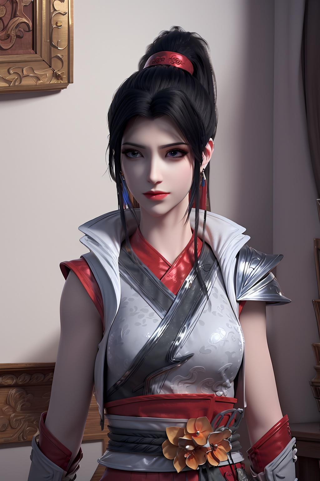 3D,masterpiece,(best quality),(makeup),official art, extremely detailed cg 8k wallpaper,((crystalstexture skin)), (extremely delicate and beautiful),(highly detailed),(face),(ponytail),(collar),(1girl), (solo), (jewelry), (earrings),(black_hair),(long_hair),(hair_ornament),(handwear),(wristband),(breast),((upper_body)),(dress),(chinese_clothes),(multicolored_clothes),(multicolored_dress),,(shiny_clothes),(armored_dress),(closed_mouth),(room,bed),((looking_at_viewer)),((Facing the camera)),, <lora:hipoly3DModelLora_v10:0.3>