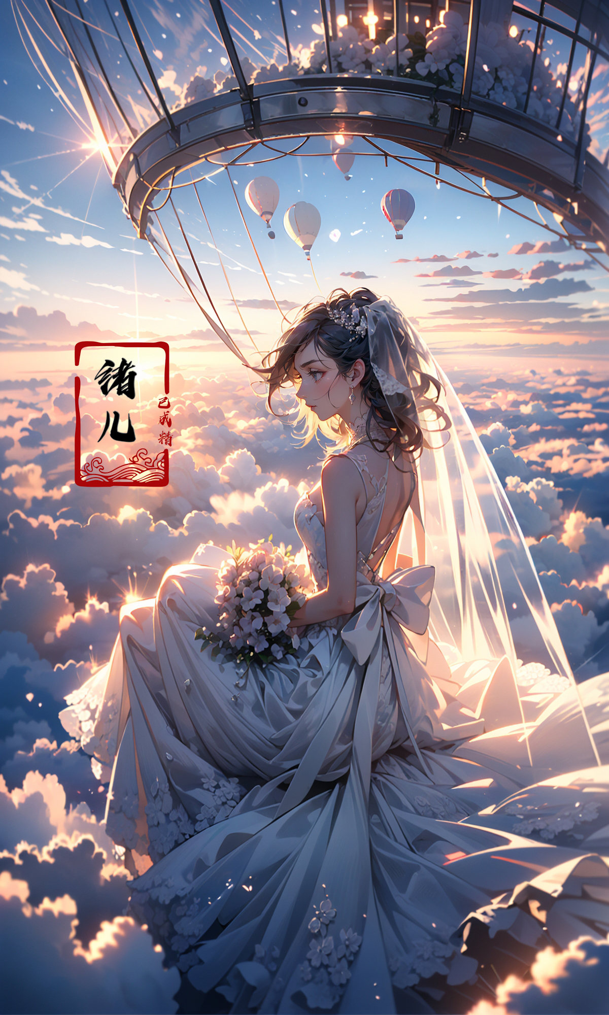 A hot-air balloon drifts above an abandoned theme park, the pilot capturing haunting photos of overgrown roller coasters and flooded game stalls., rubber material, fullbody shot, Claude Monet, Jamie Hawkesworth, Gertrude Abercrombie，(dramatic, gritty, intense:1.4),masterpiece, best quality, 32k uhd, insane details, intricate details, hyperdetailed, hyper quality, high detail, ultra detailed, Masterpiece,bridal veil，wedding dress，<lora:绪儿-热气球stage:0.9>