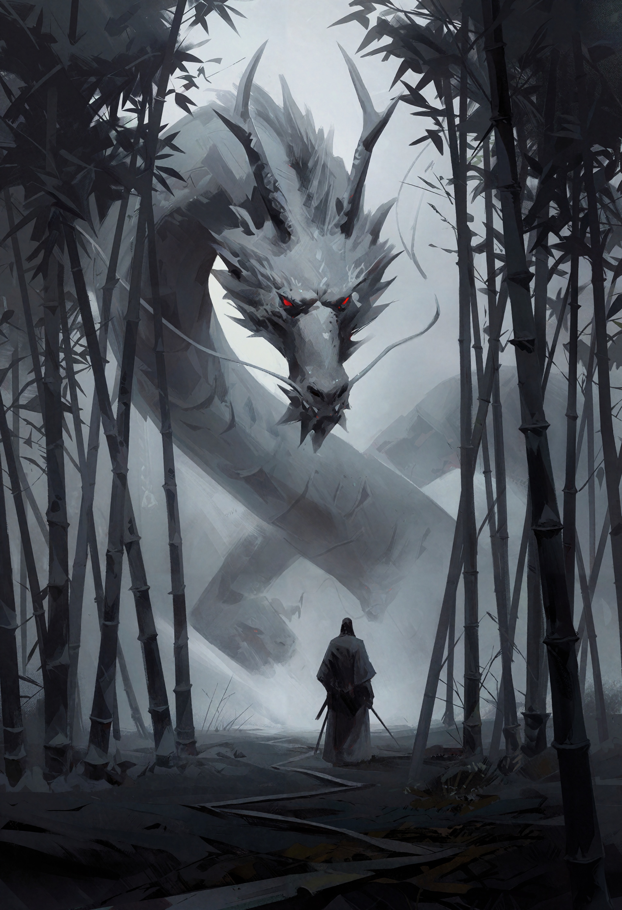 In the style of zhihui,  a solitary figure clad in dark robes stands at the edge of a mist-shrouded bamboo forest,  their...