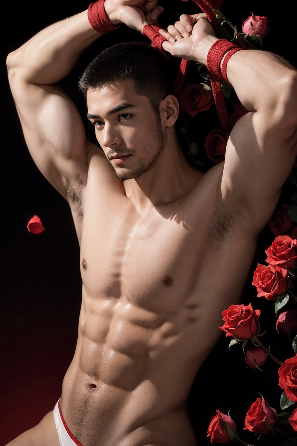 1male,muscular,((rose)),(vine),bandage,red rope,(detail light),falling rose petals,, masterpiece,best quality,
