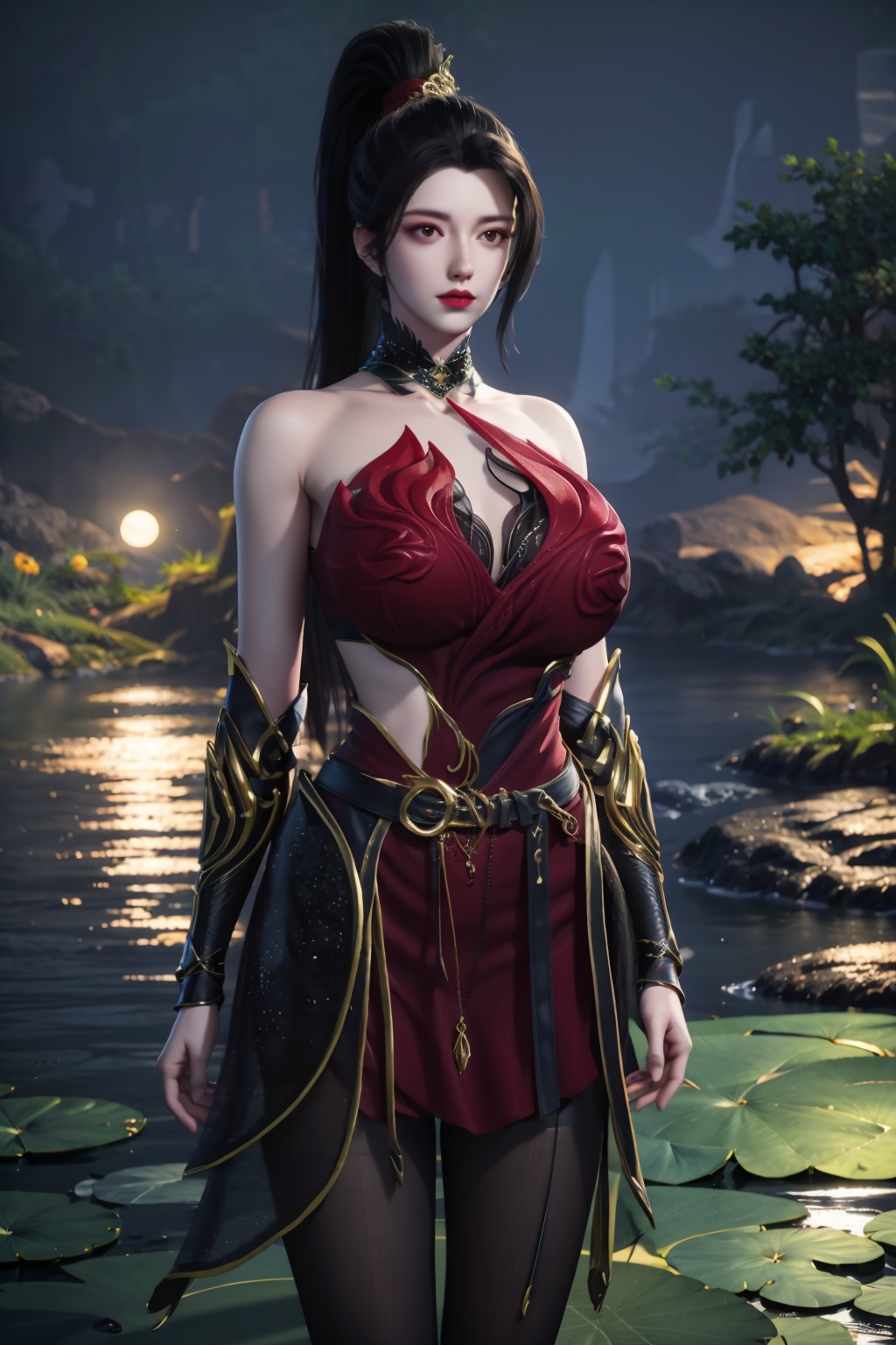 standing,flower,full_moon,moon,night,lily_pad,lotus,moonlight,nipples,water,night_sky,lily_\(flower\),sky,partially_submerged,1girl,solo,hair ornament,long hair,realistic,nail polish,photo_\(medium\),(huge breasts, cleavage),makeup,(8k, RAW photo, best quality, masterpiece:1.2),(realistic, photorealistic:1.3),ultra-detailed,extremely detailed cg 8k wallpaper,(crystalstexture skin:1.2),extremely delicate and beautiful,(sexy pose:1.2),wearing edgHL,see-through,thighhighs,sexy lingerie,(huge breasts:1.2),silk,thin transparent silk,torn pantyhose,blue hair,