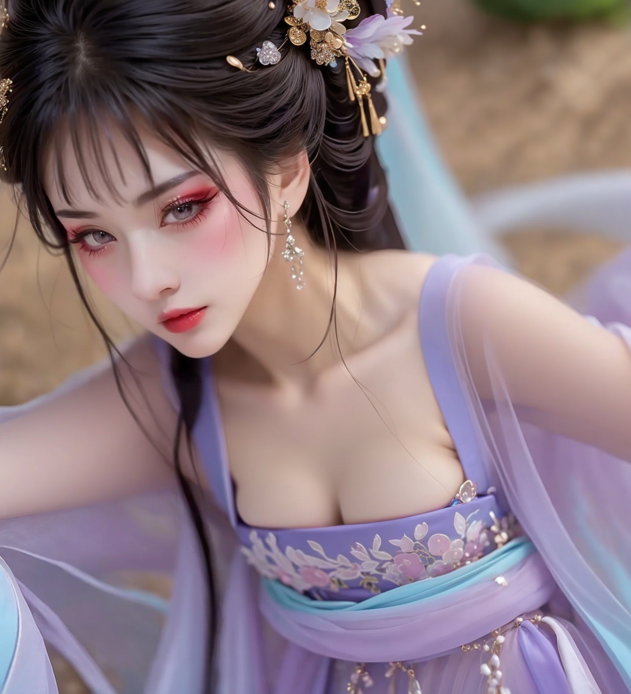 1girl,jewelry,red_lips_,lipstick,eye makeup,black hair,diamond drop earrings,plump breasts,(solo:1.5),<lora:眼妆金色1.1:0.5>,<lora:汉服淡紫色齐胸汉服1.1:0.8>,hanfu,chest,cleavage,