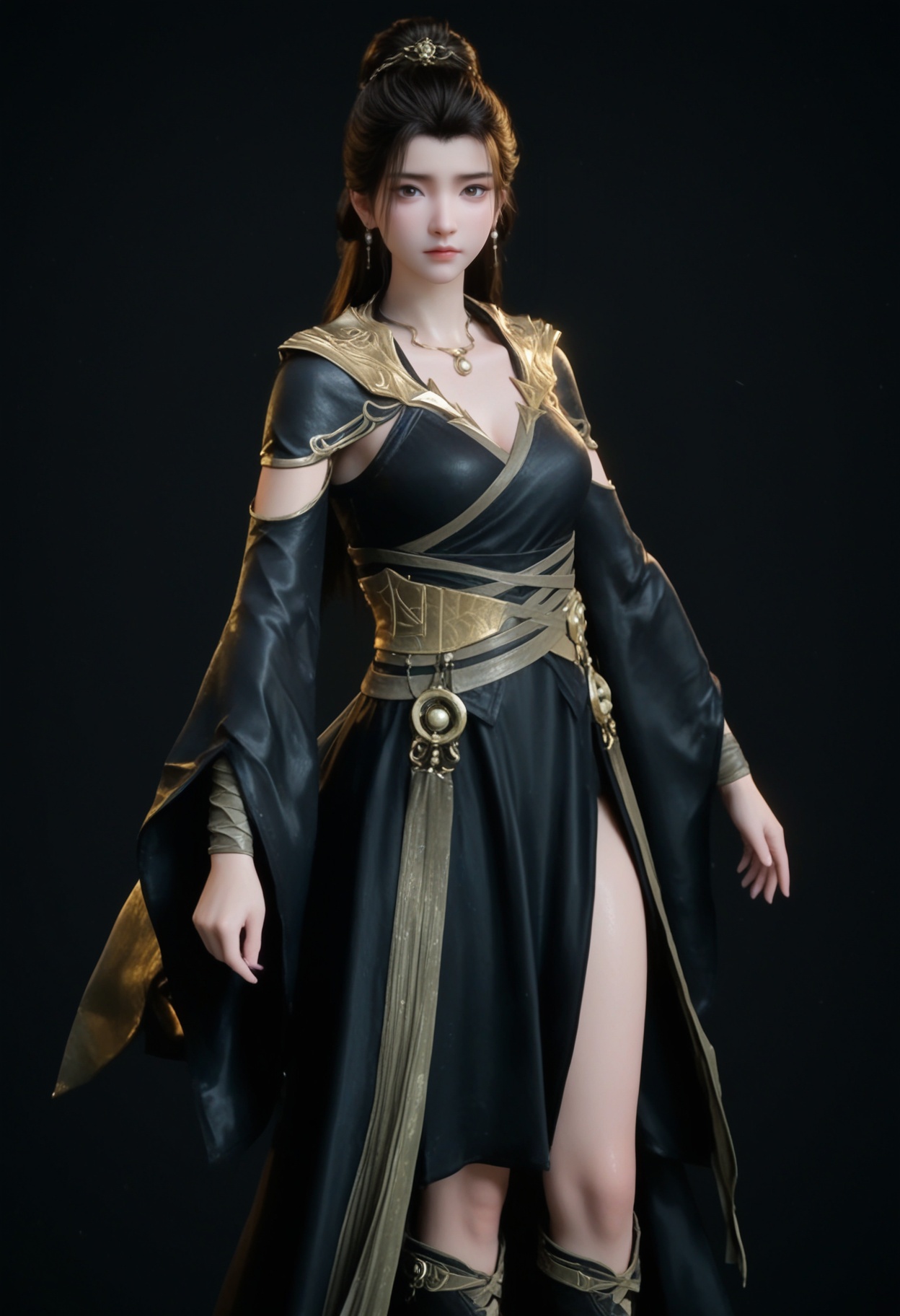 (cowboy shot:1.2),score_9,score_8_up,masterpiece,(best quality),intricate details,facing viewer,(looking at viewer:1.1),<lora:YQ_pony_yanruyan_V4:0.8>,q1528437228,1girl,solo,black hair,long hair,jewelry,earrings,necklace,black dress,dress,black eyes,long sleeves,hair bun,ponytail,wide sleeves,sash,single hair bun,hair ornament,detached sleeves,brown hair,pale skin,boots,black footwear,BREAKscore_9,score_8_up,masterpiece,(best quality),perfect anatomy,(hourglass),perfect face,(simple background,pure black background,black background:1.1),fair_skin,shiny_skin,Ivory_skin,