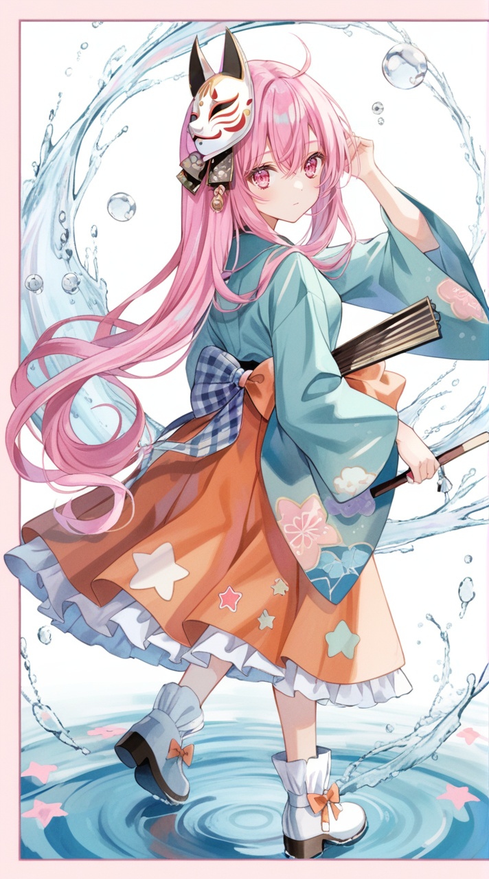 1girl, long hair, hata no kokoro, pink hair, solo, skirt, shirt, pink eyes, hand fan, mask, long sleeves, orange skirt, plaid, holding, bubble skirt, looking at viewer, holding fan, plaid shirt, white footwear, full body, bangs, very long hair, blue shirt, border, folding fan, fox mask, expressionless, looking back, bow, closed mouth, pink skirt, oni mask, water, noh mask, wide sleeves, arm up, hair between eyes, boots, footwear bow, circle, from behind, star (symbol), aqua shirt, mask on head
