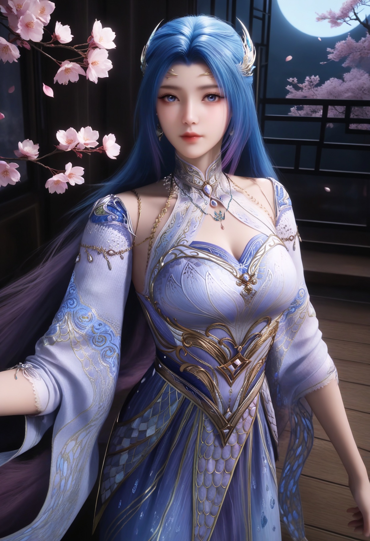 masterpiece,best quality,amazing quality,very aesthetic,high resolution,ultra-detailed,absurdres,scenery,photorealistic,(looking at viewer:1.1),upper body,(Dark room:1.3),(moody lighting:1.1),peach blossom,falling petals,(large breasts:0.8),tangwutong,1girl,solo,long hair,hair ornament,blue eyes,jewelry,dress,earrings,detached sleeves,high heels,necklace,anklet BREAK photorealistic details,<lora:QQSilltangwutongV1:0.8>,