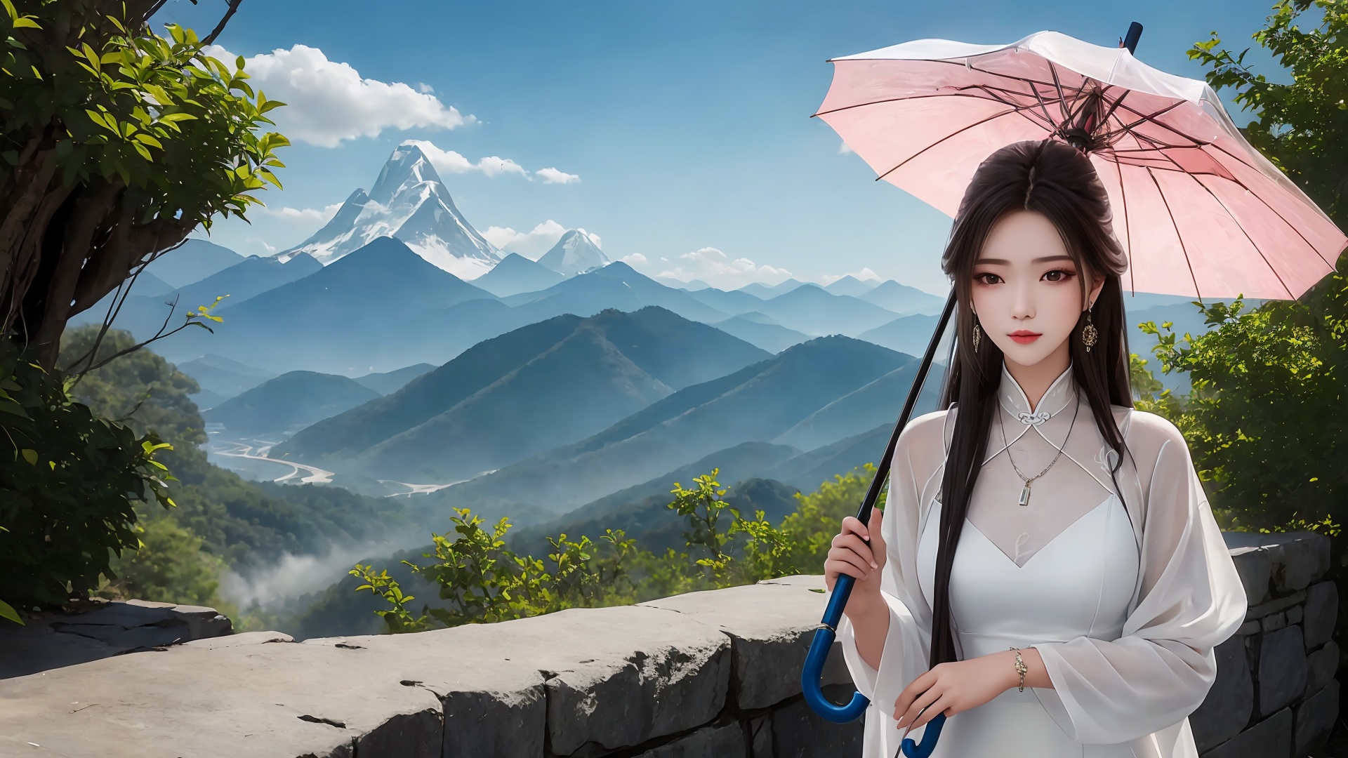 1girl, umbrella, solo, dress, white dress, holding umbrella, jewelry, long hair, black hair, holding, outdoors, chinese clothes, mountain, earrings, necklace, long sleeves<lora:girl solo luxueqi_20240911015355:0.6>,<lora:SD1.5泛光调节_v1.0:0.5>,