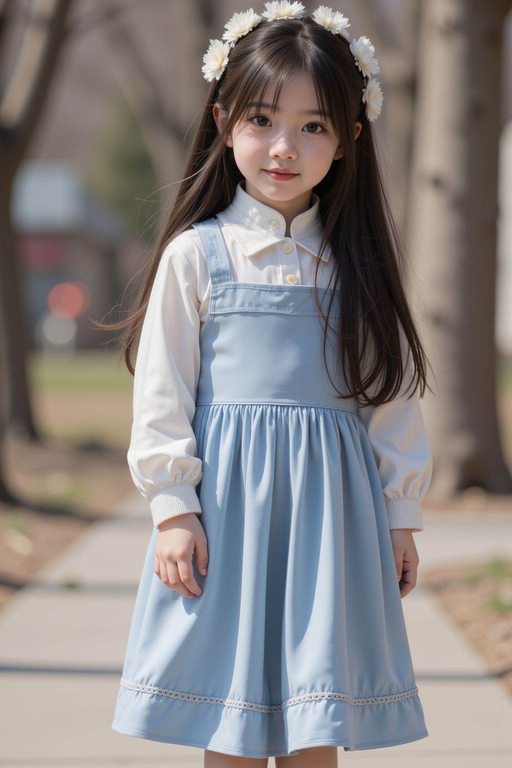 young girl, blue hair, white and blue dress, full body, outdoors,
