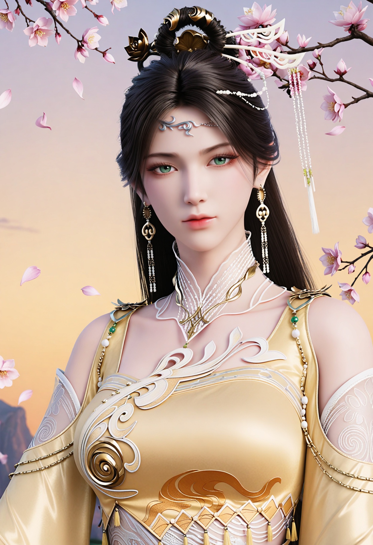 (upper_body:1.2),(looking_at_viewer:1.4),fantasy,dreamlike,Pastel Colors,hyper realistic,southeast asia,aestheticism,beautiful detailed sky,chinese mythology,wonderland,peach blossom,falling petals,smog,yunxia,<lora:YQ_li光辉v5_金瓶儿_V1:0.8>,1girl,solo,q1528437228,long_hair,jewelry,earrings,hair_ornament,dress,black_hair,realistic,chinese_clothes,yellow_dress,green_eyes,brown_hair,hair_bun,necklace,single_hair_bun,bare_legs,feet,hair_rings,