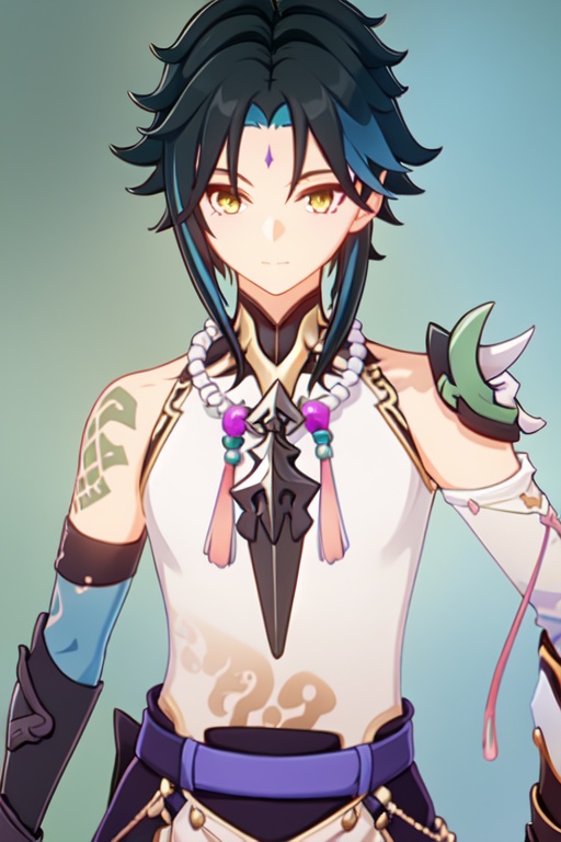 masterpiece,best quality,<lora:xiao:0.8>,1boy,male focus,1boy,solo,xiao (genshin impact),male focus,portrait,close up,bead necklace,arm tattoo,jewelry,spikes,gloves,detached sleeves,shoulder armor,tassel,