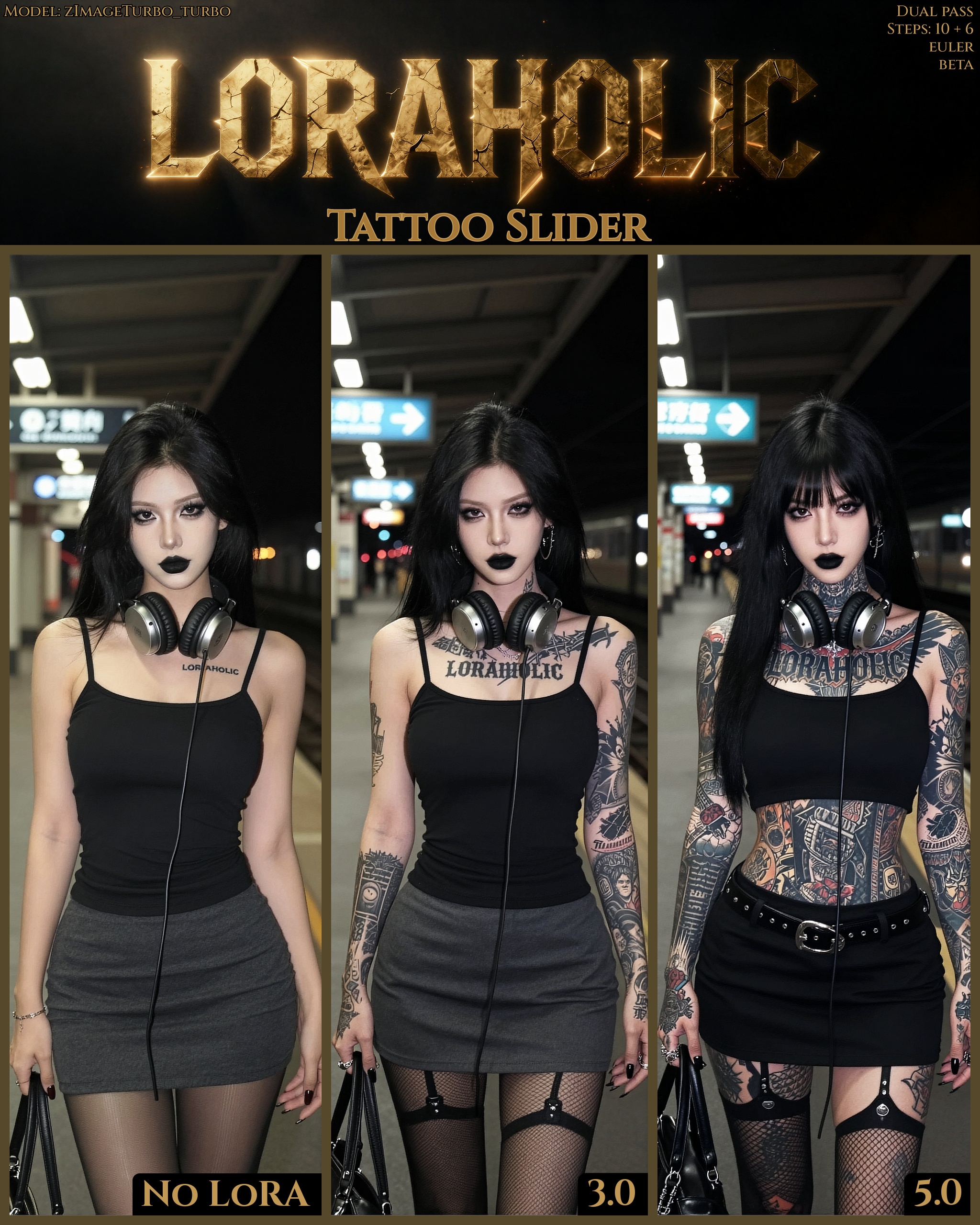 a woman standing at a train station. at night. wearing a skirt,  stockings,  top and headphones around her neck. Black hai...