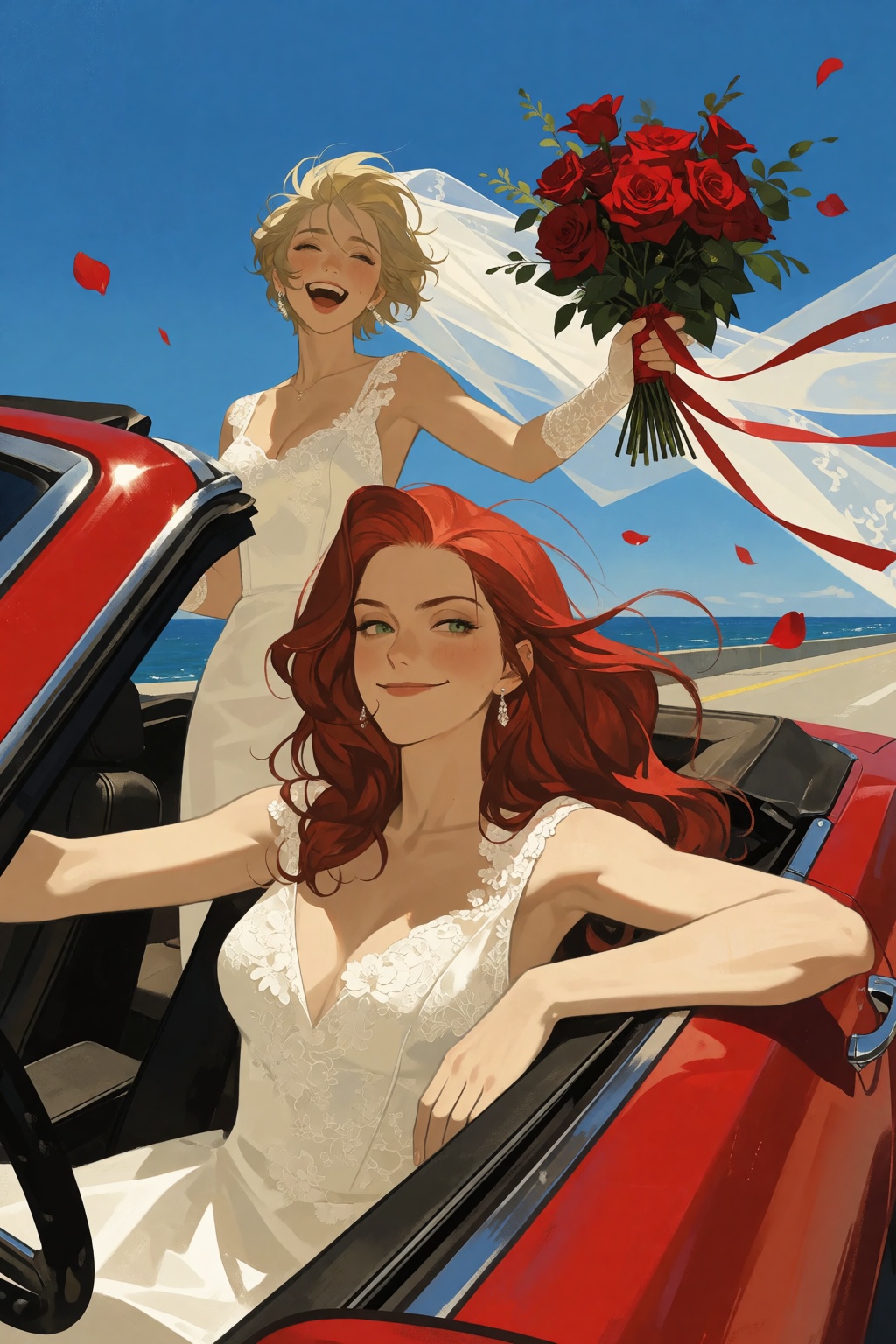 In a low-angle medium shot,  a smug woman with long wavy red hair and green eyes and a sleeveless white lace wedding dress...