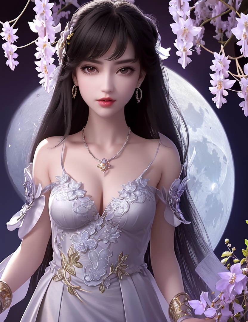 ultra realistic 8k cg, picture-perfect face, flawless, clean, masterpiece, professional artwork, famous artwork, cinematic lighting, cinematic bloom, perfect face, beautiful face, fantasy, dreamlike, unreal, science fiction,   lace, lace trim, lace-trimmed legwear,  (rich:1.4), prestige, luxury, jewelry, diamond, gold, pearl, gem, sapphire, ruby, emerald, intricate detail, delicate pattern, charming, alluring, seductive, erotic, enchanting, hair ornament, necklace, earrings, bracelet, armlet,halo((,1girl, pov,))(((1girl, jewelry, solo,breasts, looking_at_viewer,  outdoors,  full moon,  upper body, wisteria, chloris garden,  cherry blossoms, )))    <lora:DA_YueChanTeen:0.6>