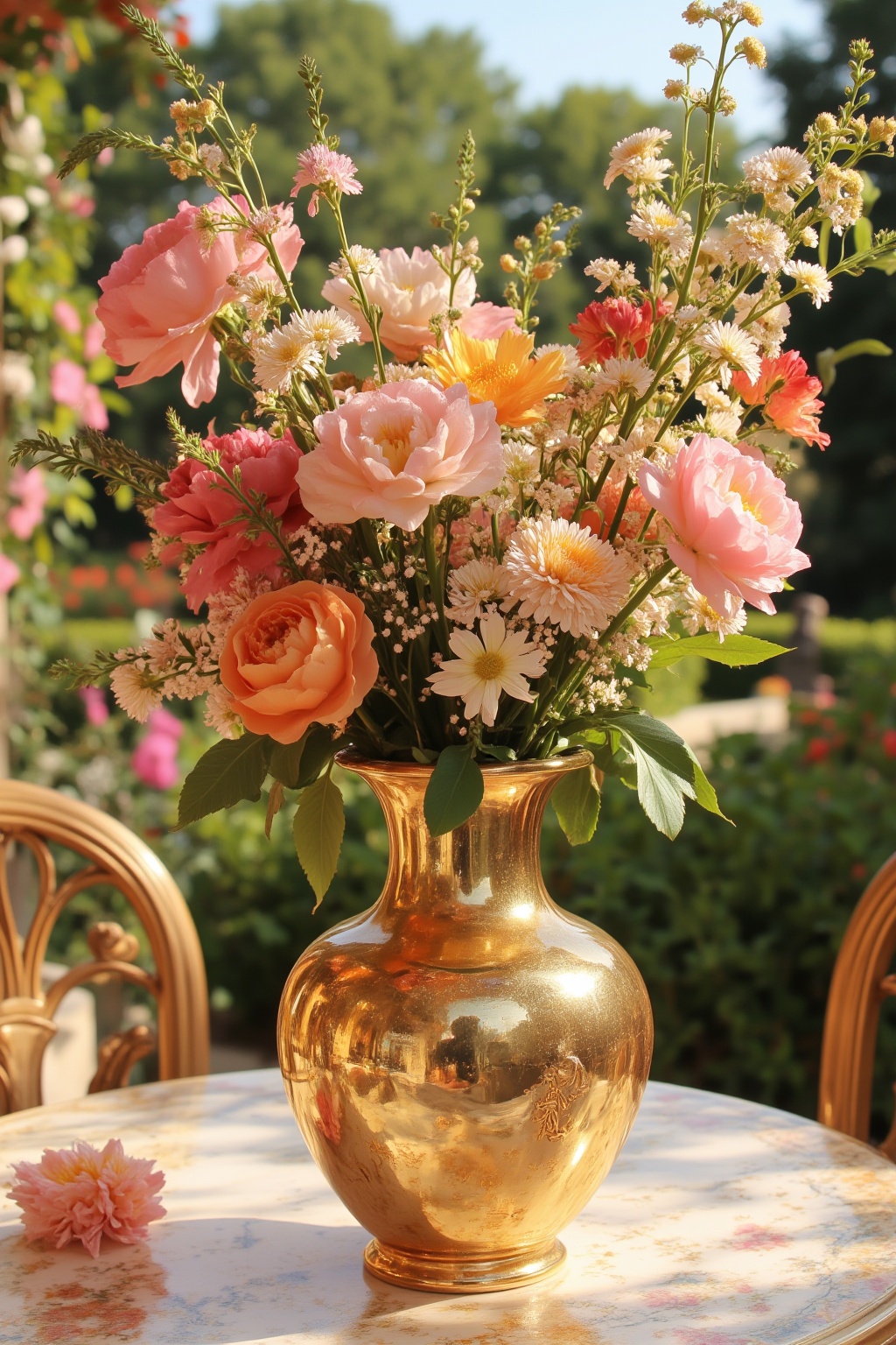 rich,<lora:rich15:0.7>,a golden fine baroque french bottle with lots of flowers in it,the vase is on the table,the background is the outdoor garden,panorama,most of the picture is the garden scene,