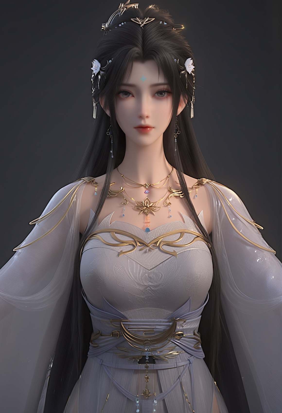 (score_9),<lora:清漪-apony:0.85>,qingyi,1girl,solo,hair ornament,long hair,earrings,black hair,forehead mark,hair flower,detached sleeves,white dress,jewelry,necklace,belt,sash,<lora:perfect eyes_v1:0.8>,looking at viewer,front view,<lora:Expressive_H-000001:0.8>,Expressiveh,collarbone,(glamor:1.2),curvy,pointy breasts,puffy breasts,ultra-detailed skin texture,black background,simple background,4K ultra HD,sharp focus,high detail,natural lighting,high contrast,