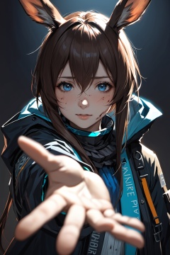 1girl,amiya \(arknights\),arknights,dirty face,outstretched hand,close-up,cinematic angle,foreshortening,dark,dark background,masterpiece,best quality,realistic anime art style,