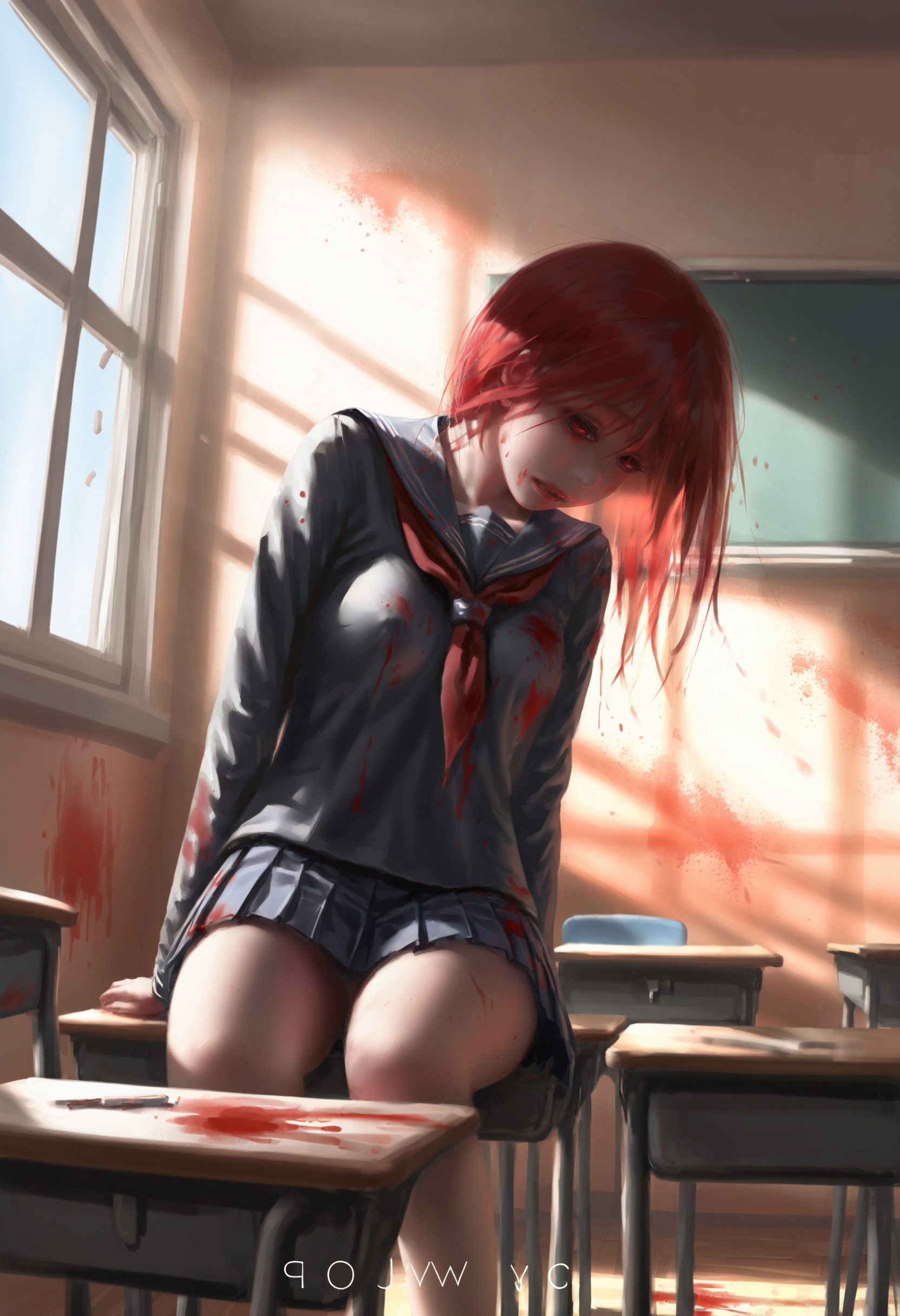 masterpiece, best quality,1girl,   realistic, solo, Outerwear, red hair, yandere, sky, blue theme, window, indoors, scenery, blue sky, classroom, light rays, desk, serafuku, blood on clothes, window shade, shaded face, sunlight, arm support, blood, blood on wall, lens flare, breasts, backlighting, school desk, pink blood, blood splatter, blood on ground, on desk, empty eyes, thighs, school uniform, covered nipples <lora:wlopXLlokr4f-000187:0.95>