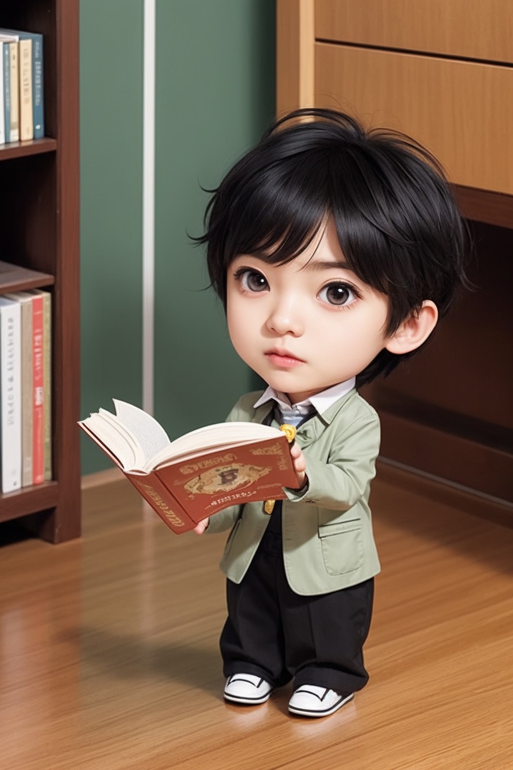 1man,full body,indoors,reading book,chibi