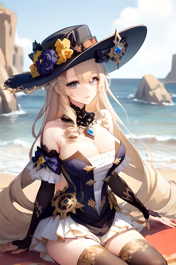 navialp,navia_(genshin_impact),1girl,solo,game cg,red lips,blonde hair,breasts,blue eyes,hat,long hair,dress,thighhighs,upper_body,portrait,gloves,bangs,bare shoulders,cowboy shot,cleavage,drill hair,black headwear,detached sleeves,hat flower,black gloves,fingerless gloves,elbow gloves,black thighhighs,strapless,smile,by the sea,sitting,crossed legs,navialp, <lora:navia6:0.8>